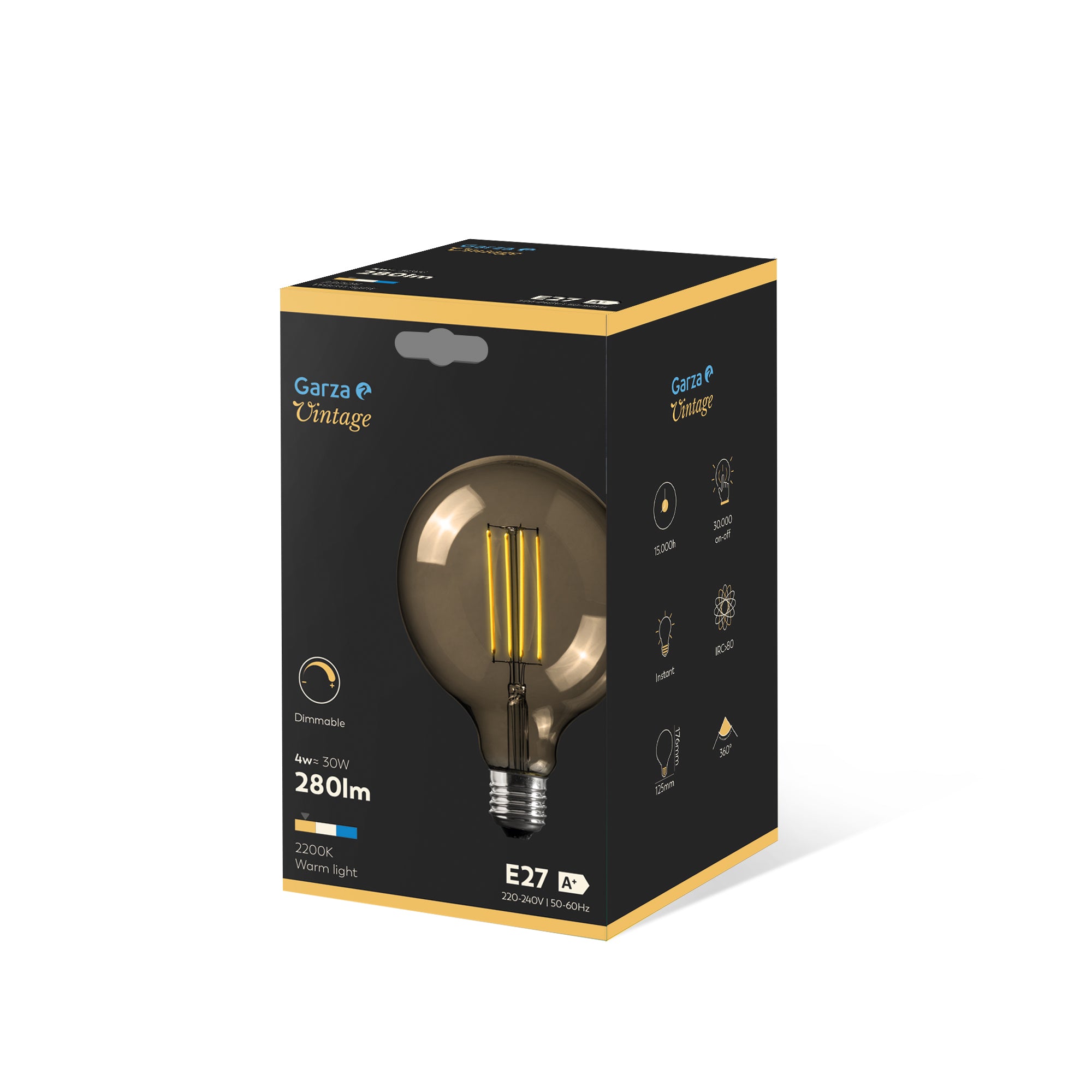 Bombilla Led Vintage Globo de Filamento Gold Regulable G125 E27, 280 lúmenes, 2700K