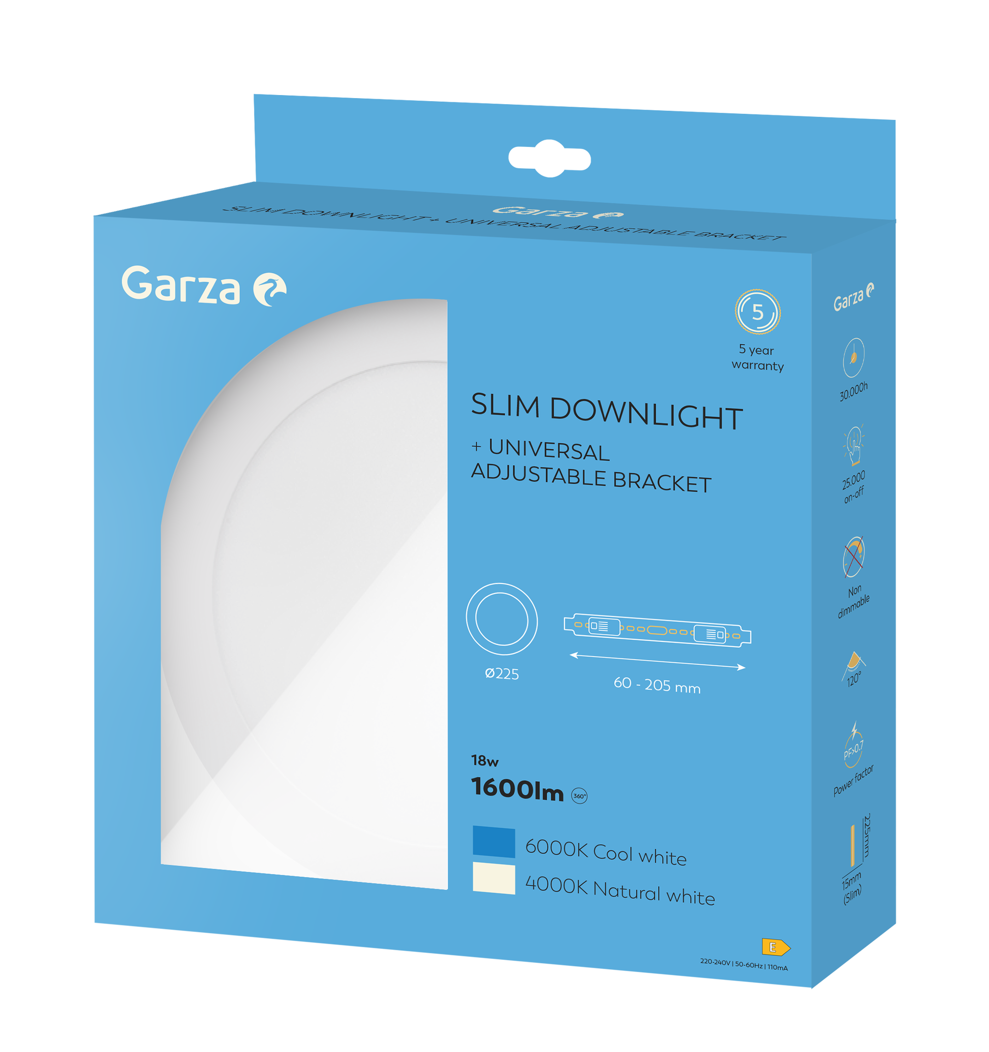 Downlight Ajustable LED Circular Blanco 225mm y ajustable hasta 217mm, 18W, 1500 lúmenes, CCT