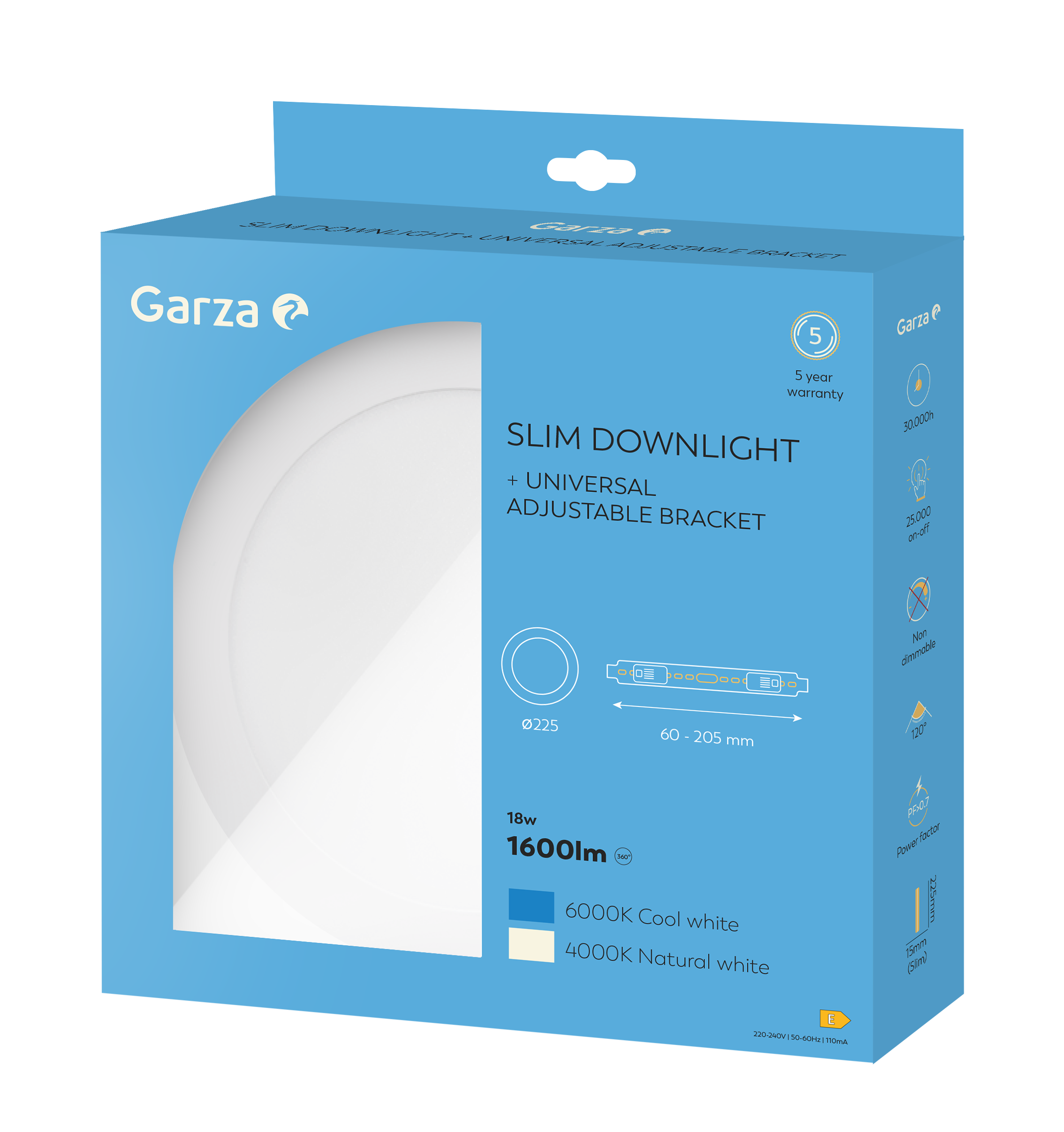 Downlight Ajustable LED Circular Blanco 225mm y ajustable hasta 217mm, 18W, 1500 lúmenes, CCT