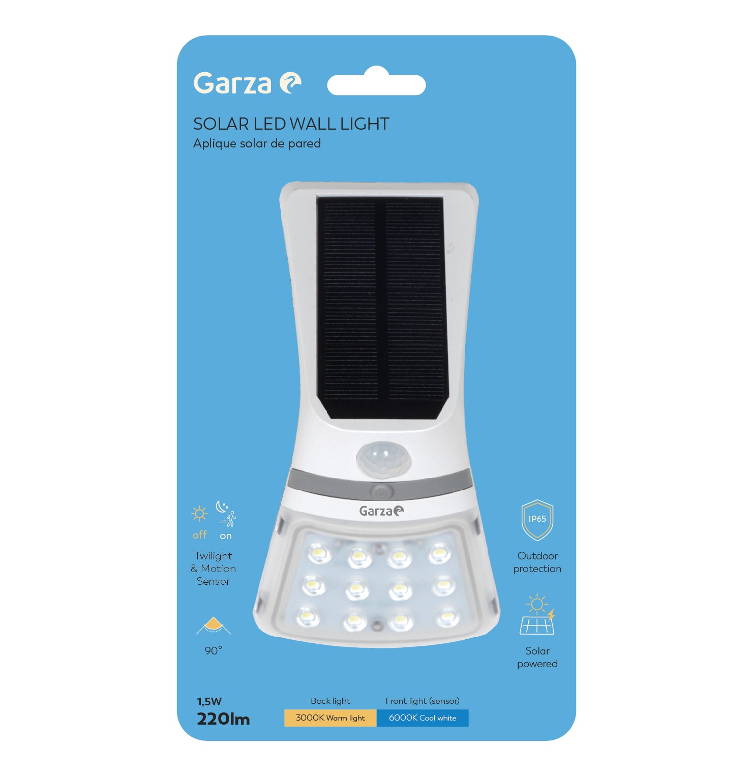Aplique solar mariposa con sensor movimiento y luz 1,5W 220 lúmenes en formato blister