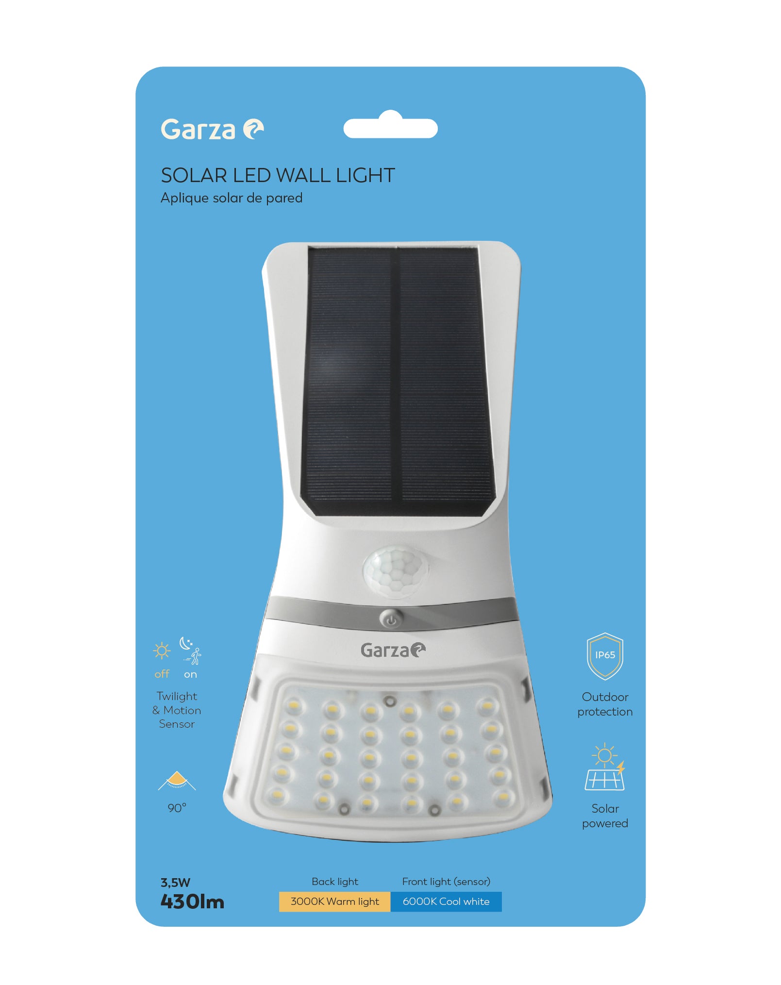 Aplique solar mariposa con sensor movimiento y luz 3,5W 430 lúmenes en formato blister