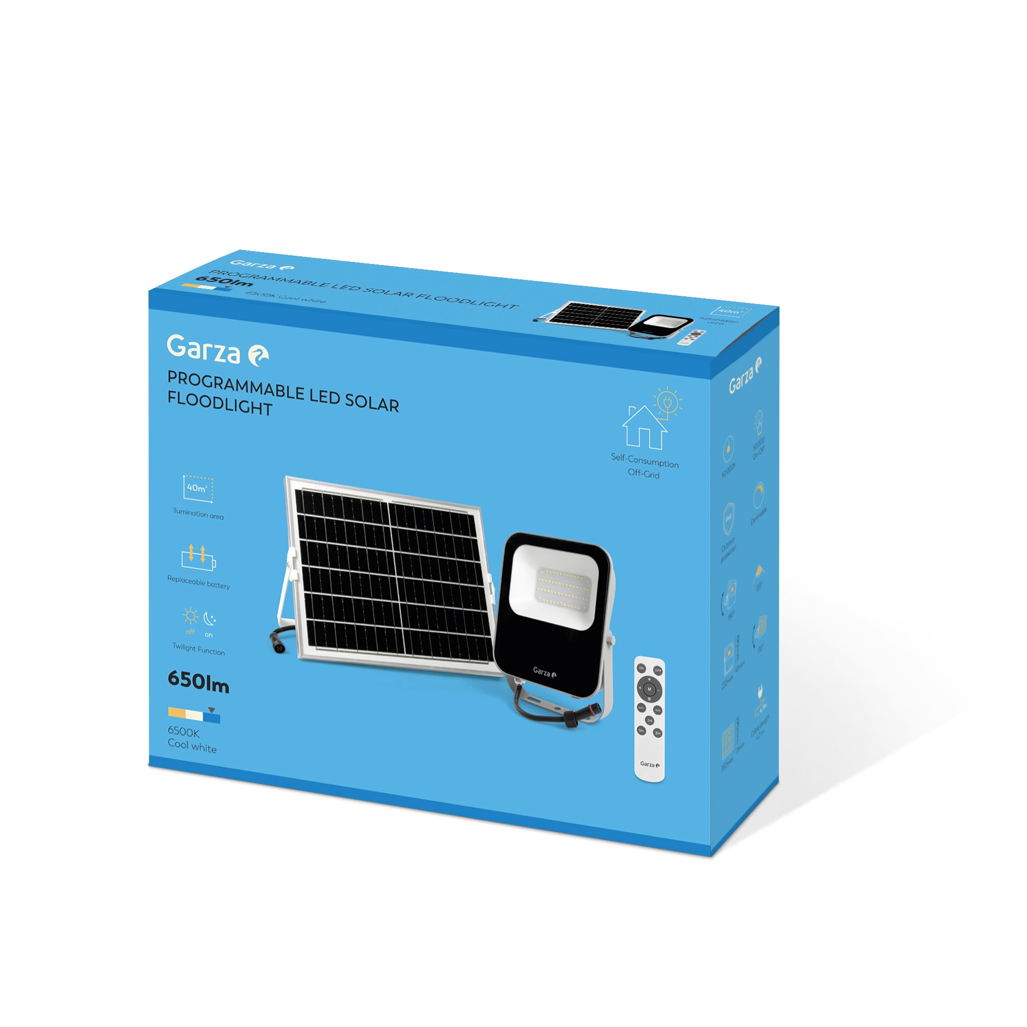 Foco Solar con Sensor Crepuscular con mando 30W, 40m2, 650 lúmenes, 6500K