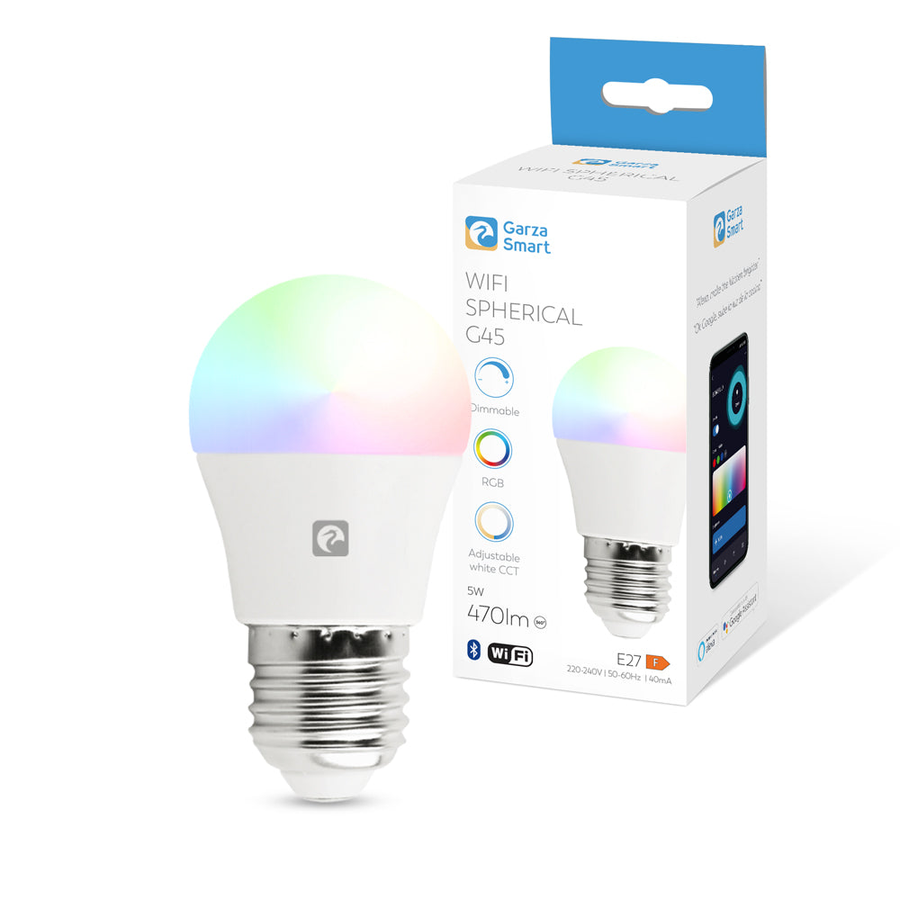 Smarthome - Bombilla LED Inteligente Wifi Esférica G45 E27 5W (40W de Equivalencia) RGB+CCT, Intensidad regulable, Programable, Control por Voz y App (Alexa/Google Home), Wifi 2,4 GHz
