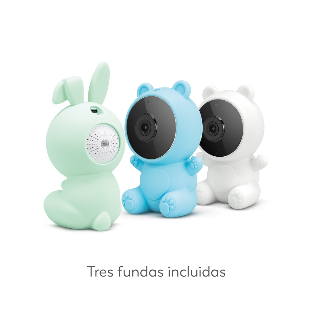 Kids - Cámara vigila bebés Lola 1080p HD con Sensor de temperatura, Visión nocturna, Detección de llantos, Nanas, Ruido blanco y Wifi 2.4 GHz. (3 Fundas + Soporte)