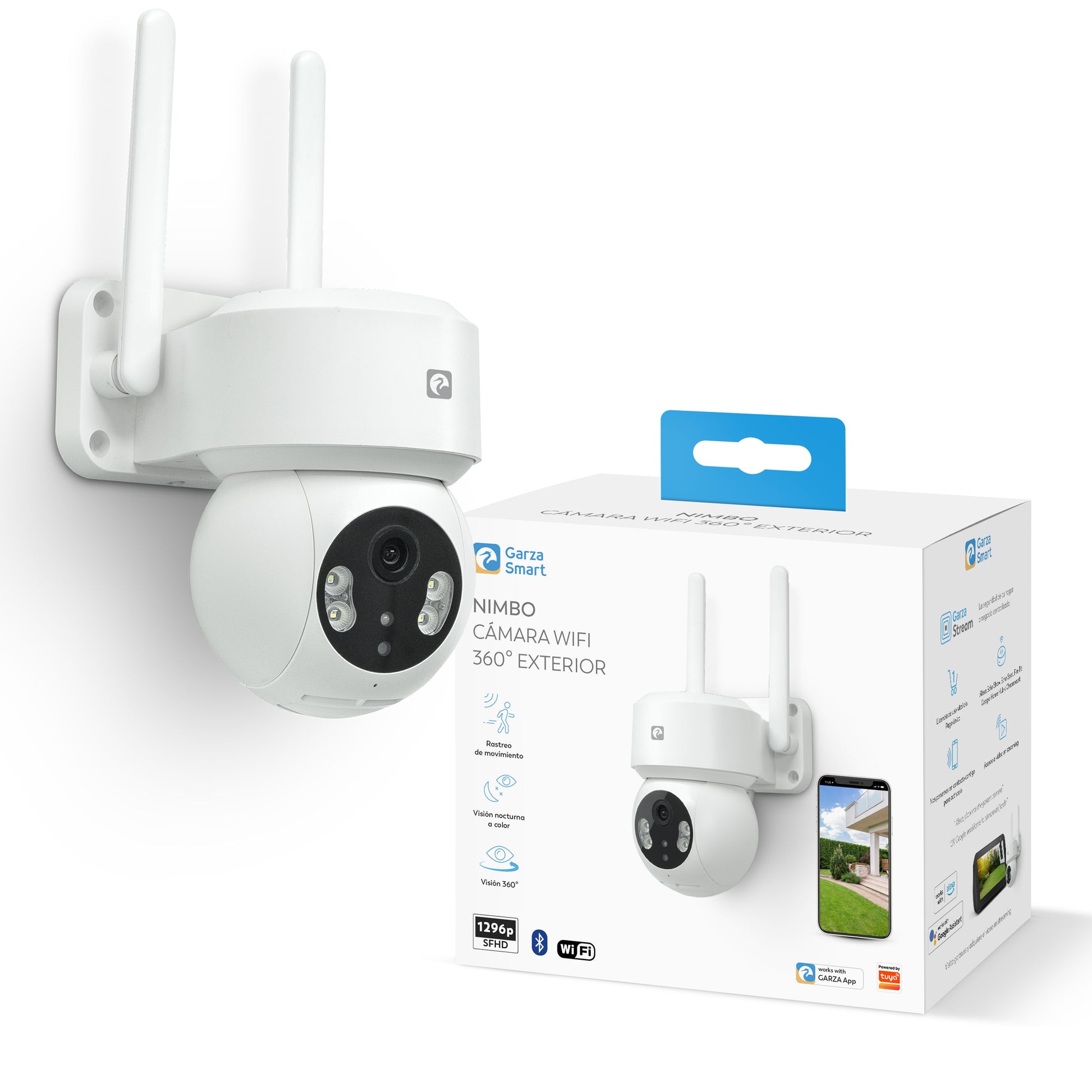 Smarthome - Cámara de Vigilancia WiFi 360º Exterior IP, WiFi 2,4, 1296p Super FullHD, Visión Nocturna a color, Detección de Movimiento, Alarma y luz de seguridad, Control Remoto por App.