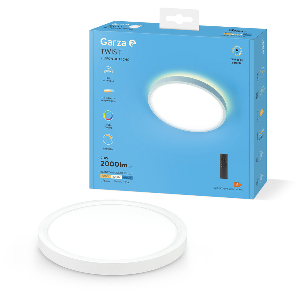Plafón LED Techo con Control Remoto y Luz Indirecta Independiente, 20 W 2000 lm, Intensidad y Temperatura de Color Regulables 3000K-6500K, Temporizador de Apagado, Redondo 293 x 24 mm, Blanco