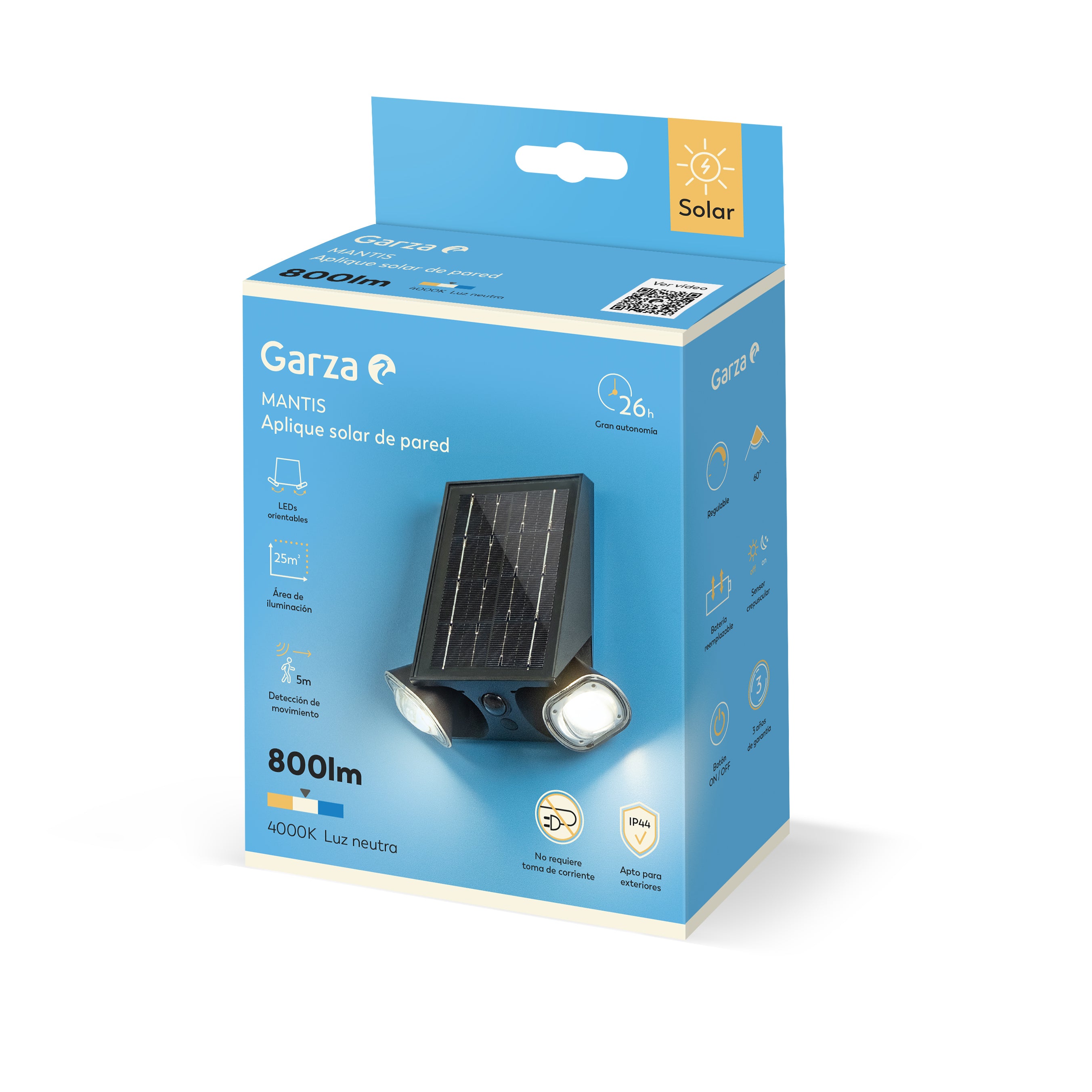 Aplique solar Mantis 800lm 40K negro