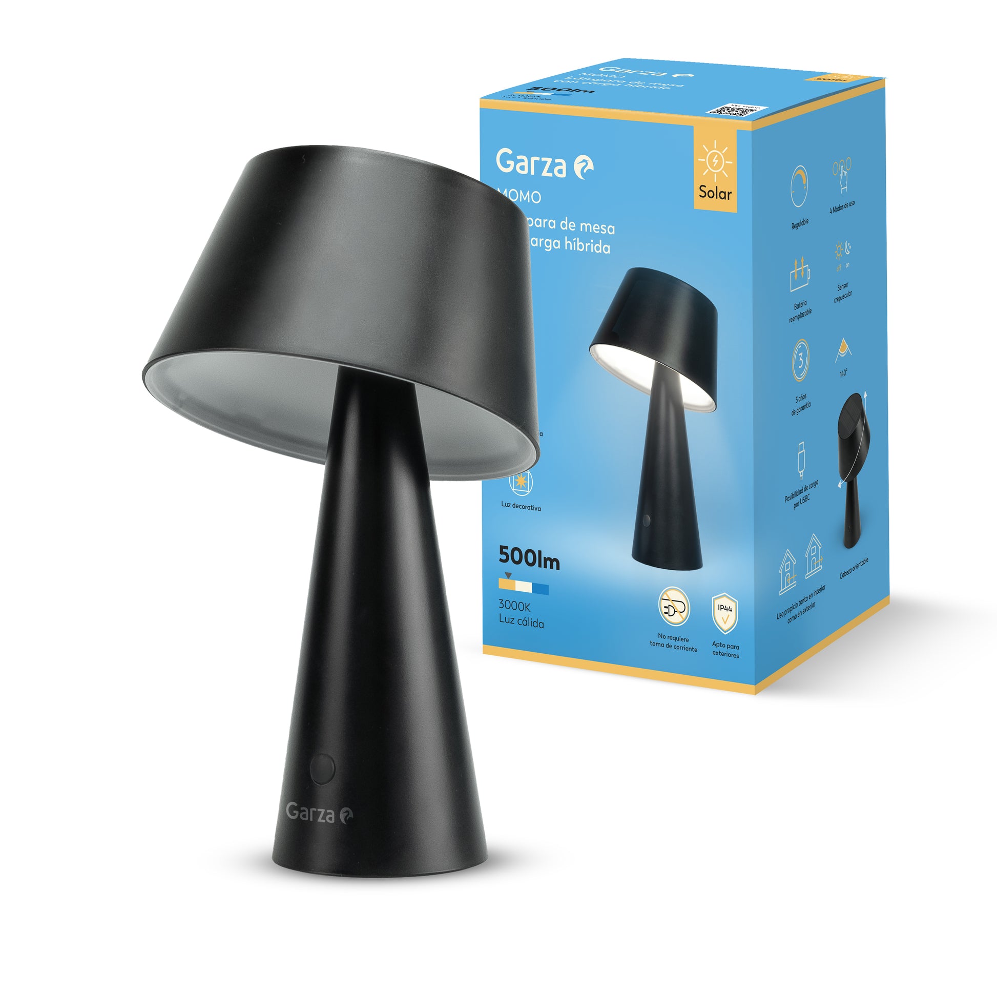 Lámpara de mesa solar Momo 500lm 30K negra