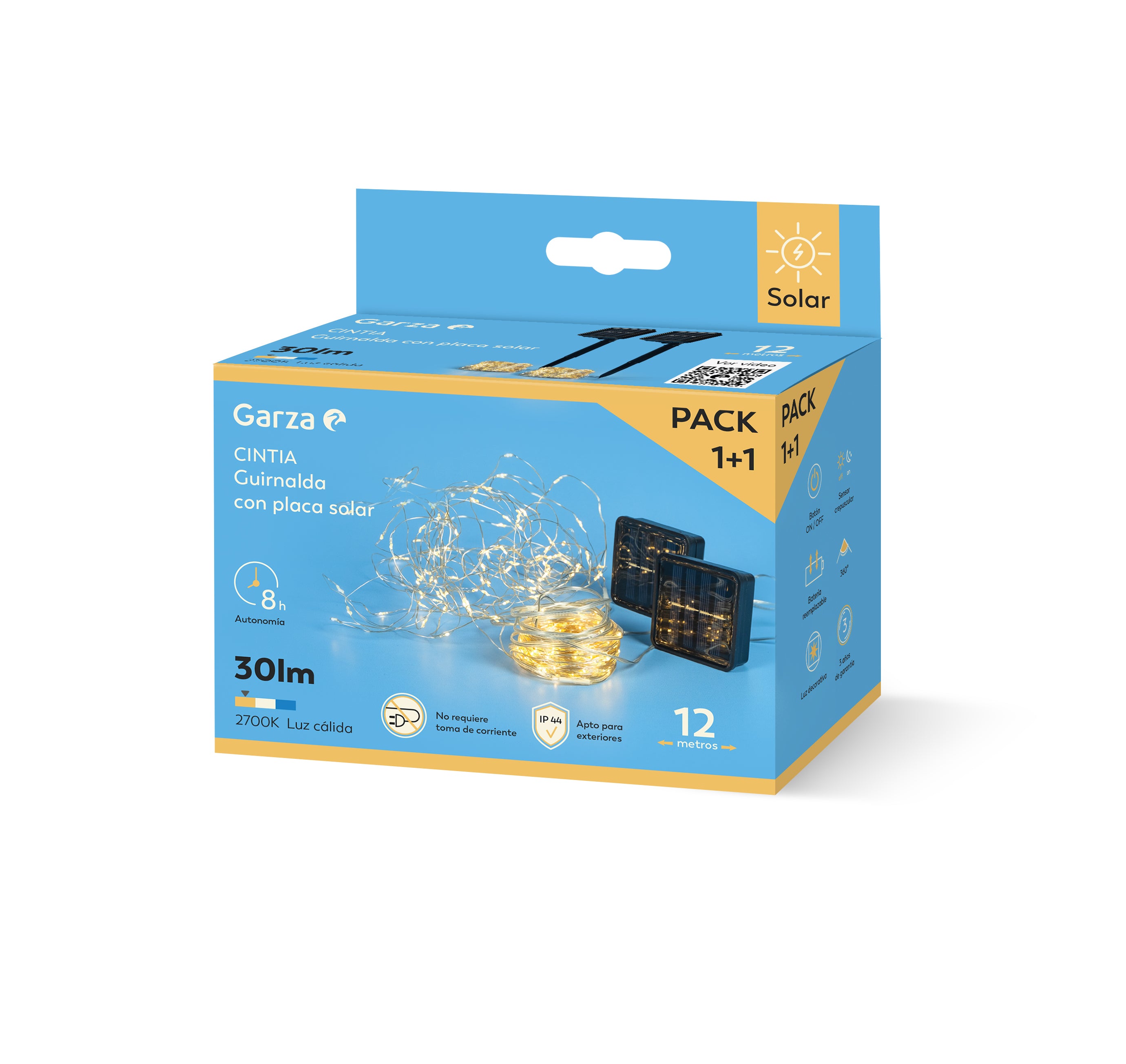 Guirnalda solar multipunto Cintia 12m 2700K y 8 modos. Pack x2