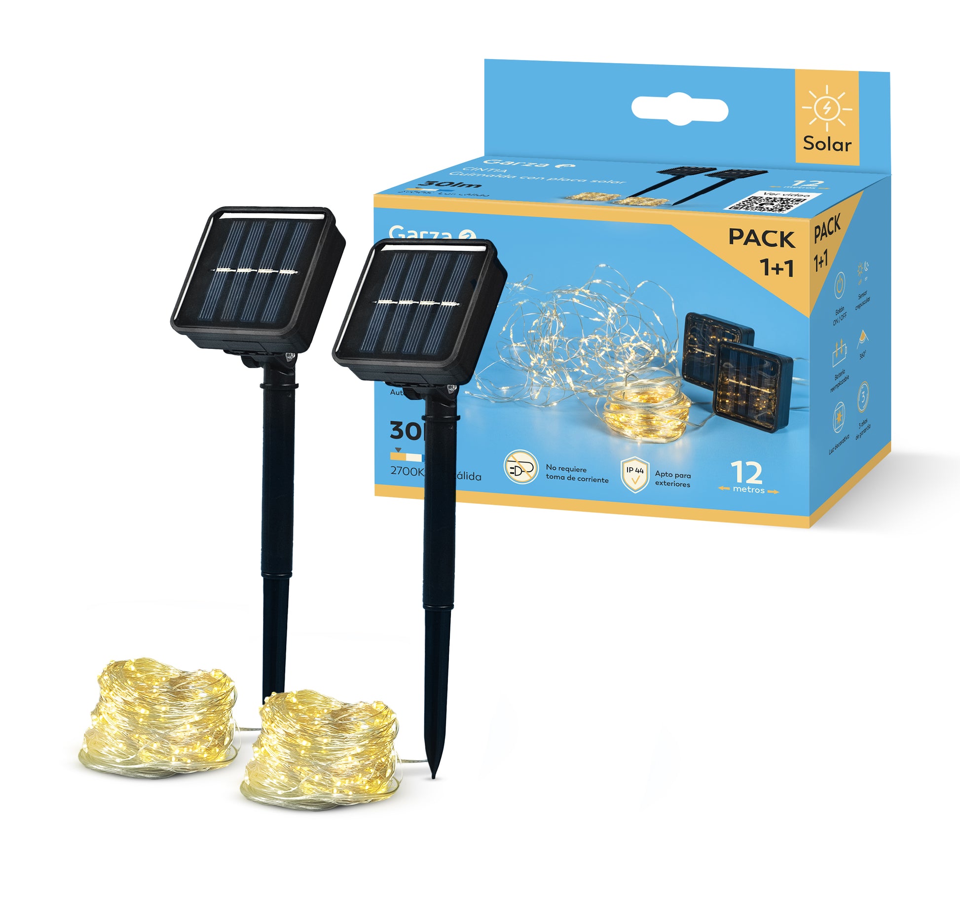 Guirnalda solar multipunto Cintia 12m 2700K y 8 modos. Pack x2