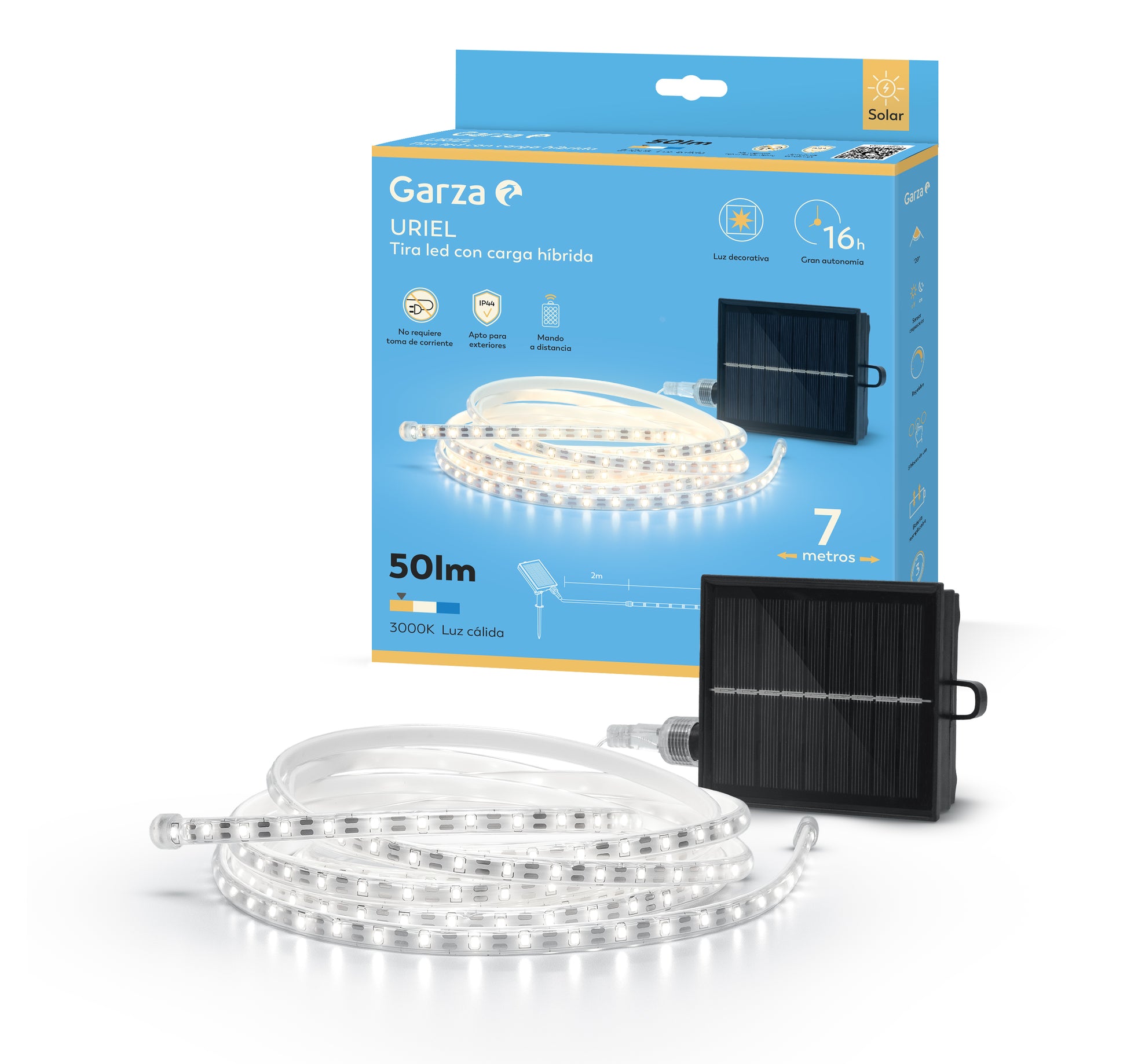 Tira LED Uriel 50lm 3000K con control remoto y carga híbrida USBC - placa solar