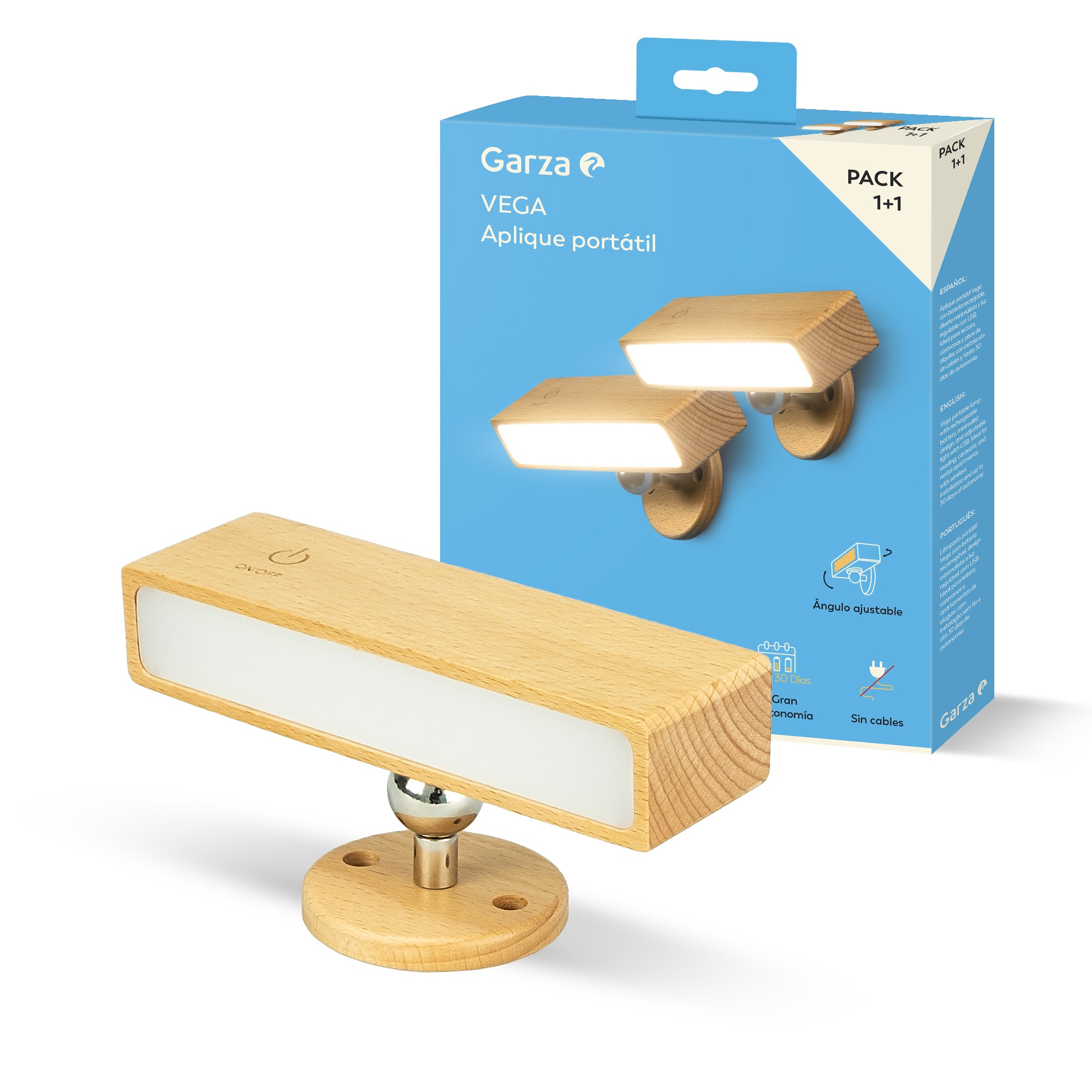Aplique LED portátil sin cables Vega madera 1+1