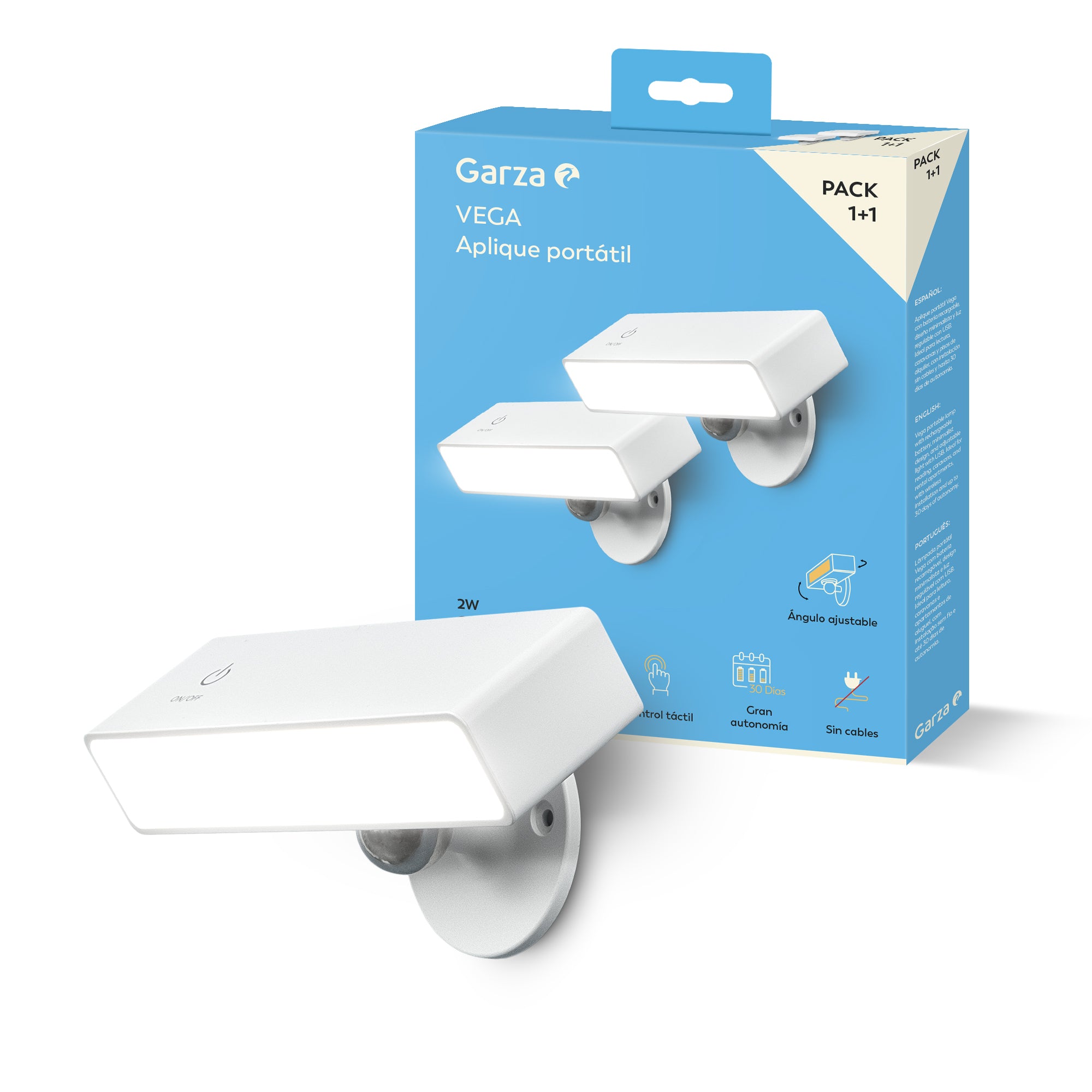 Aplique LED portátil sin cables Vega blanco 1+1
