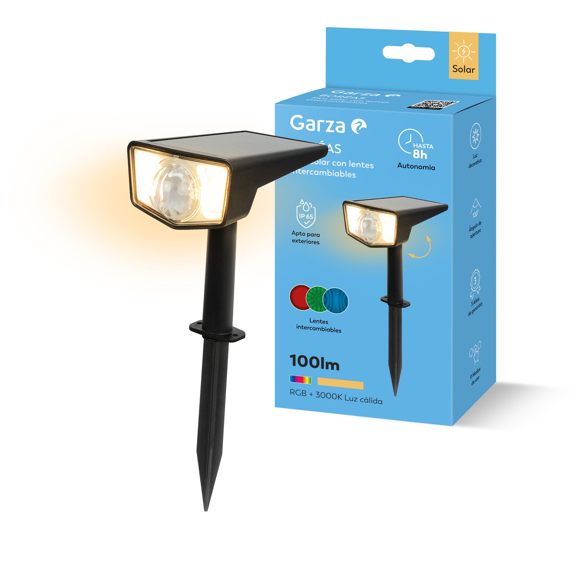 Pica solar con lentes intercambiables y luz blanca cálida o multicolor