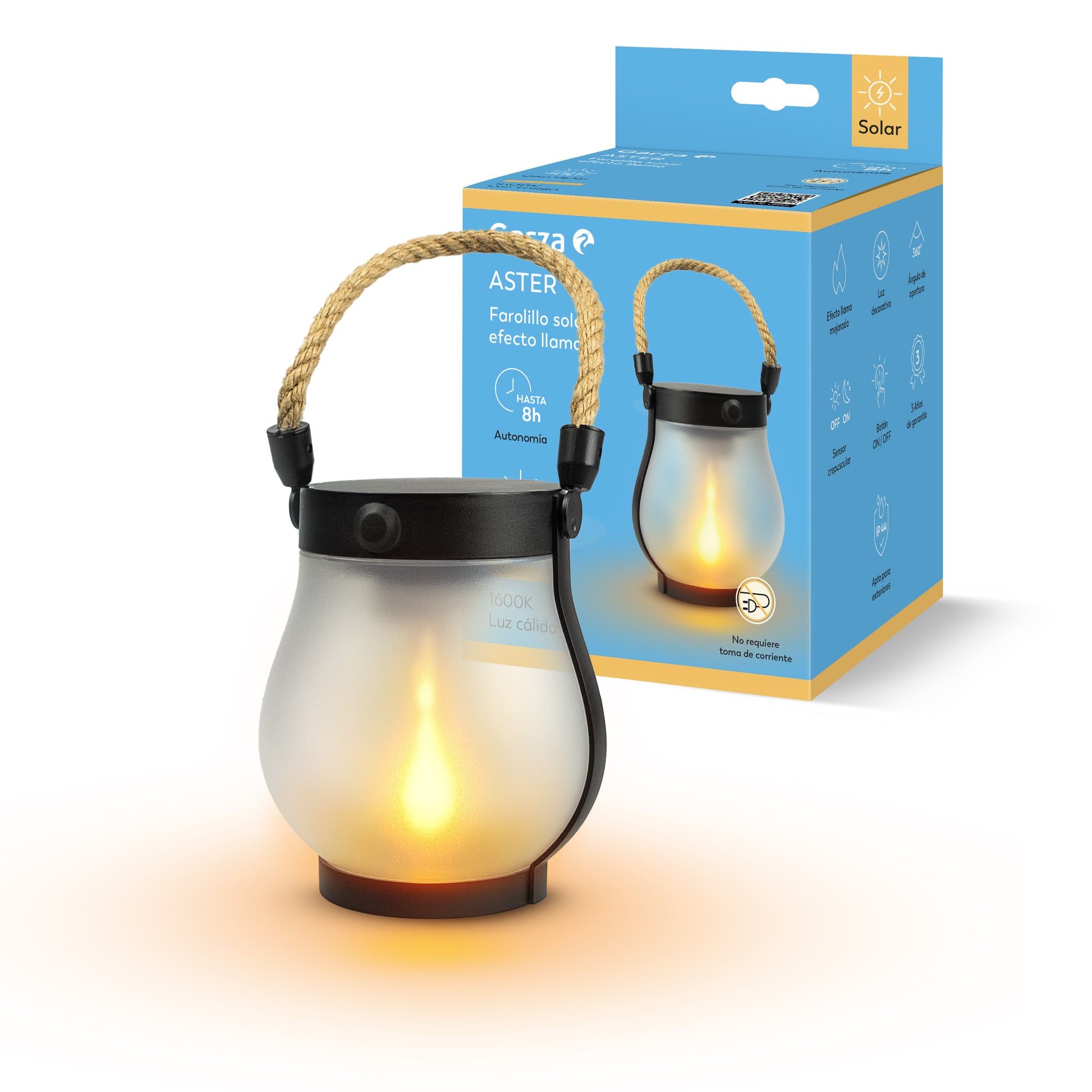 Farolillo Aster con carga híbrida (carga solar o USB-C) y efecto llama mejorado