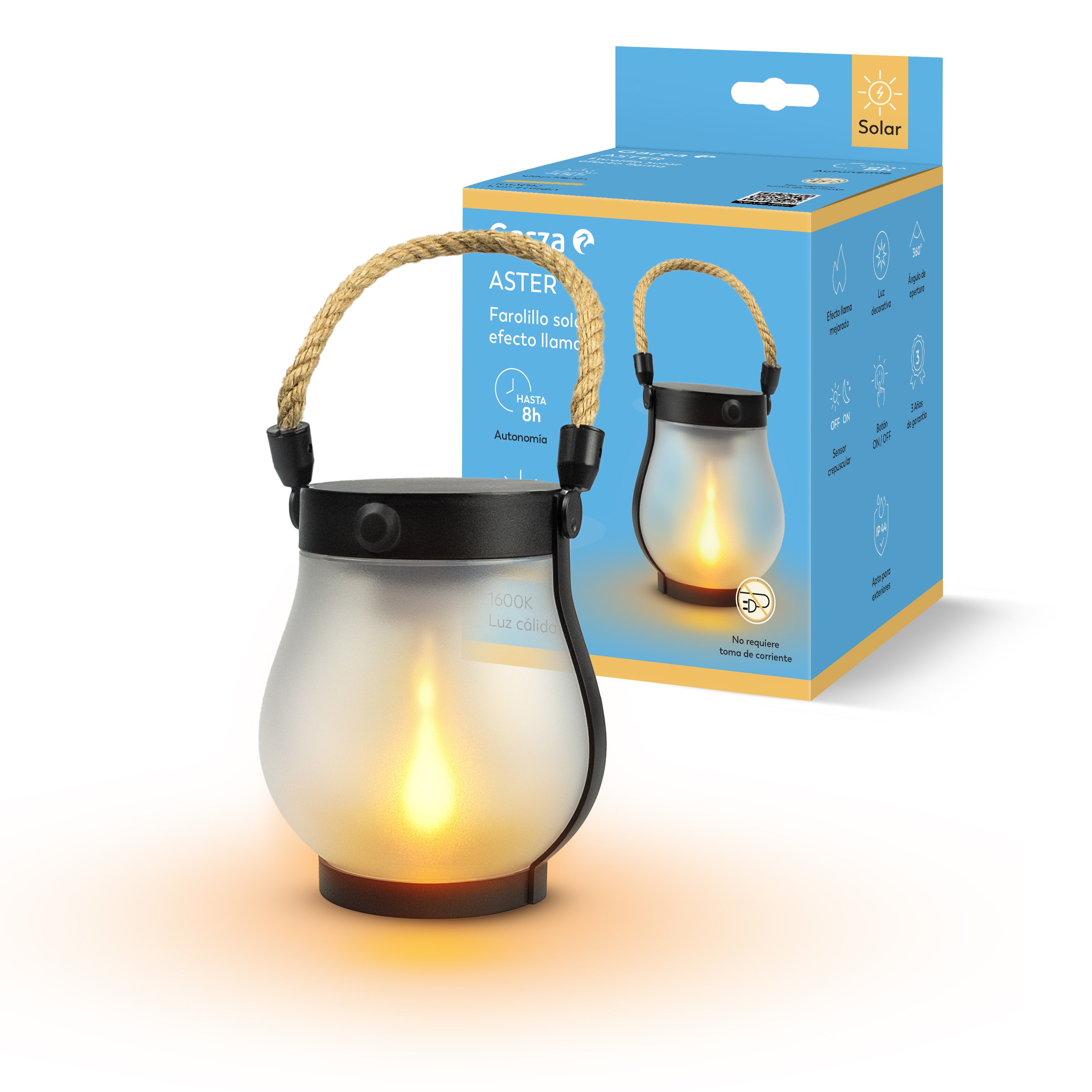 Farolillo Aster con carga híbrida (carga solar o USB-C) y efecto llama mejorado