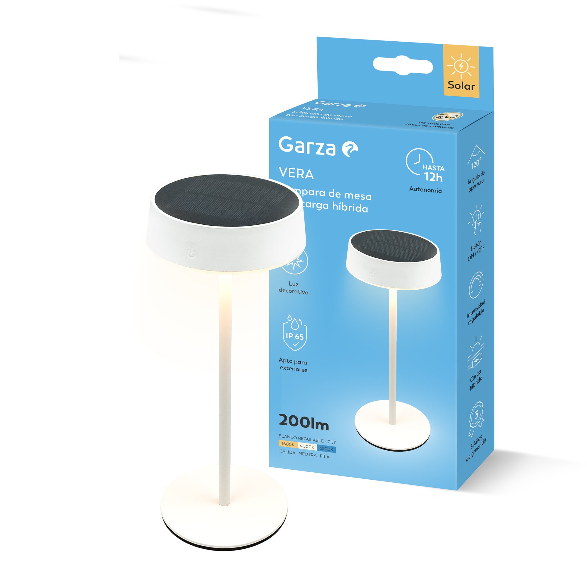 Lámpara solar de mesa Vera carga híbrida con regulación táctil de brillo y temperatura de color