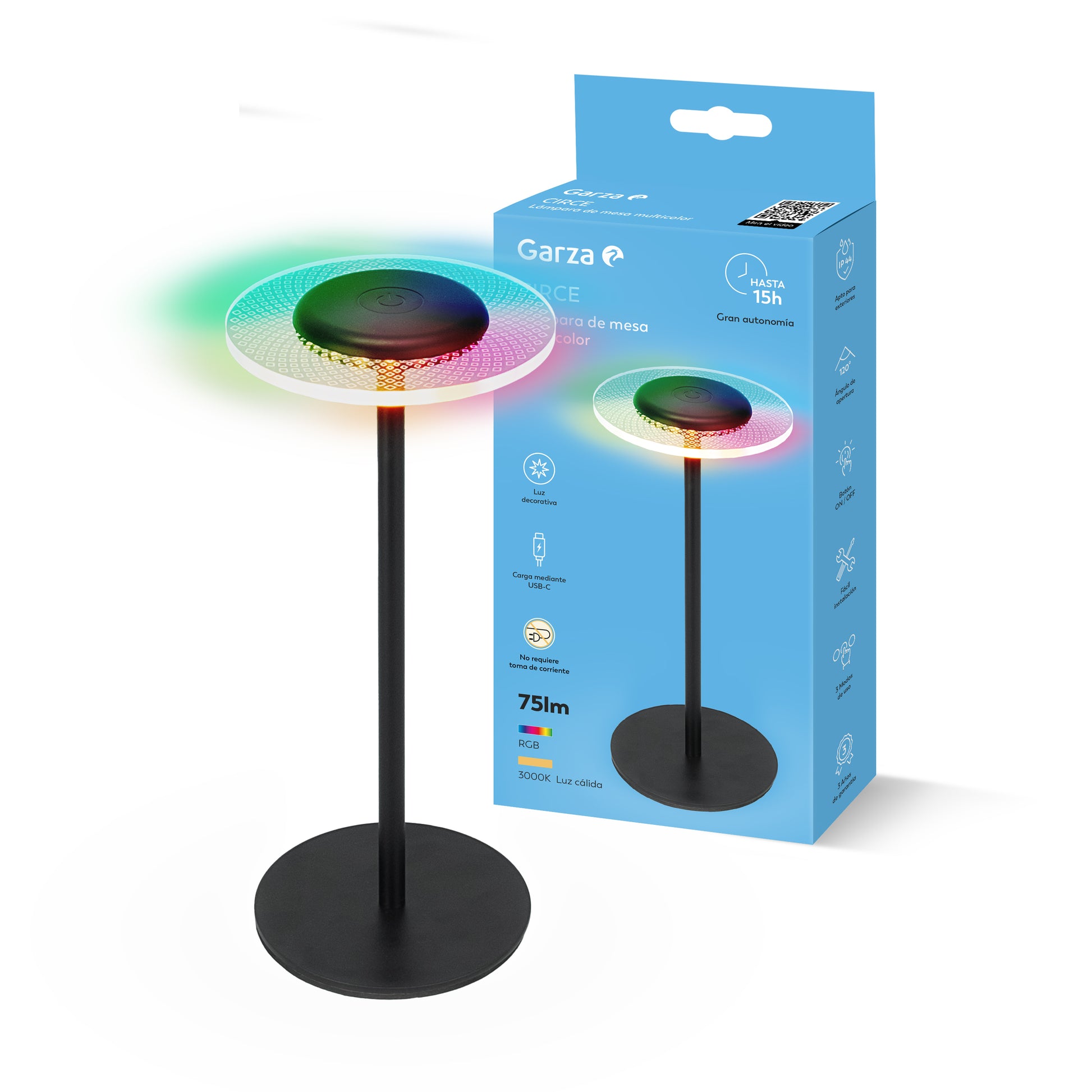 Lámpara de mesa Circe USB-C luz multicolor o blanca cálida, control táctil de tres modos y autonomía hasta 15h sin cables