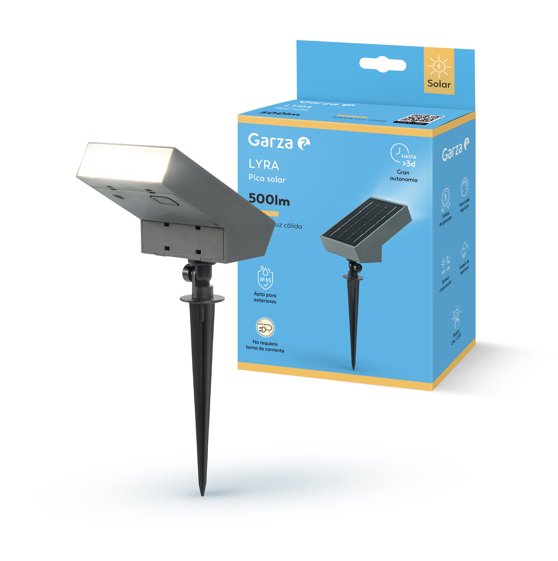 Pica solar premium Lyra 500 lm autonomía hasta 3 días nublados