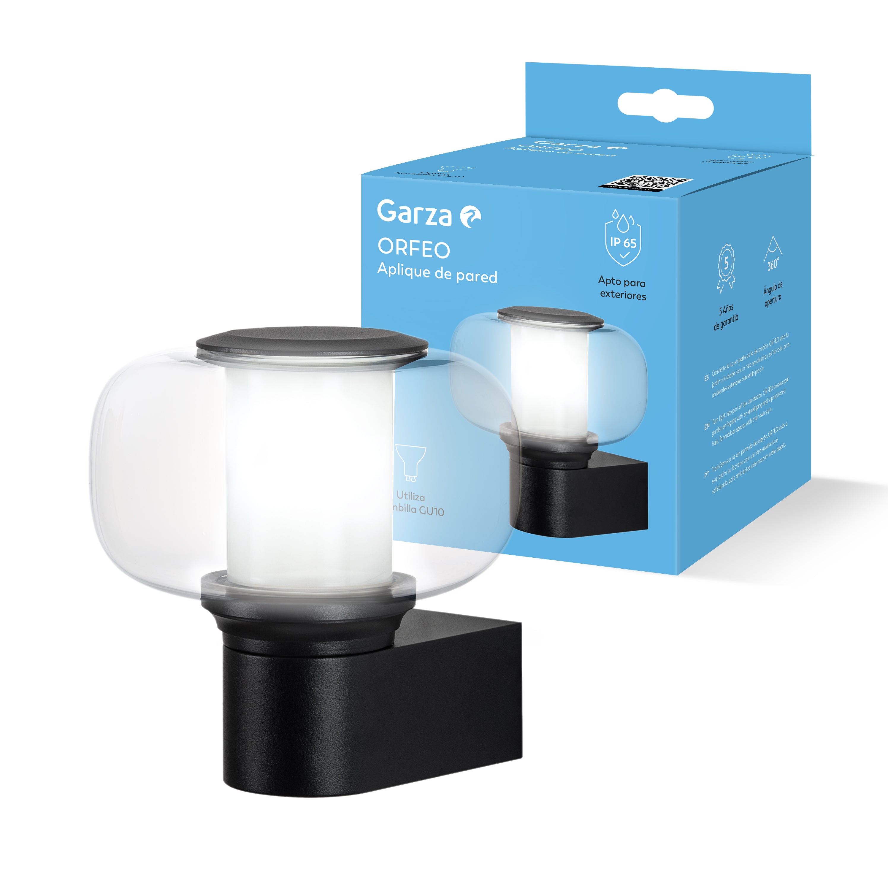 Aplique de pared Orfeo casquillo GU10, difusor vidrio 360º y elegante cuerpo en negro