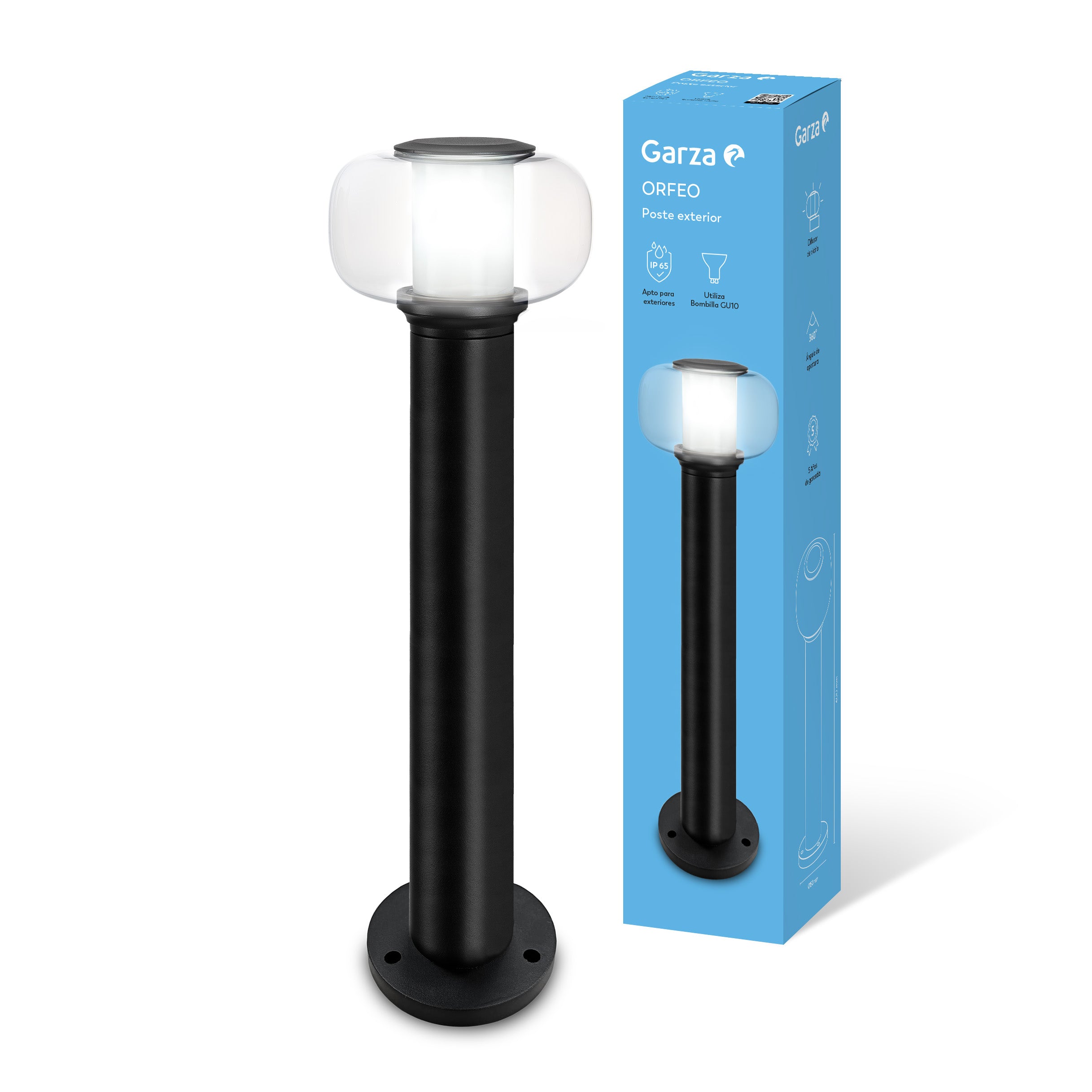 Poste Orfeo con casquillo GU10, difusor vidrio 360º y elegante cuerpo en negro