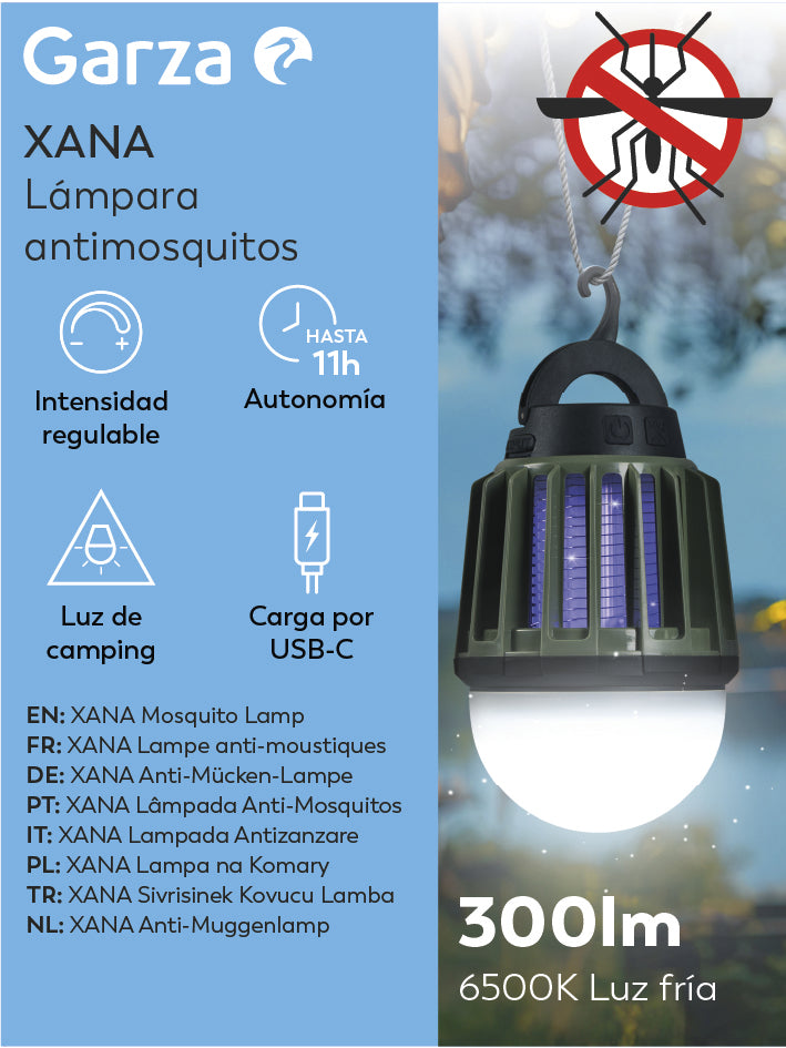 Lámpara antiinsectos 2en1 Xana para camping, con luz ultravioleta + luz LED regulable (8)
