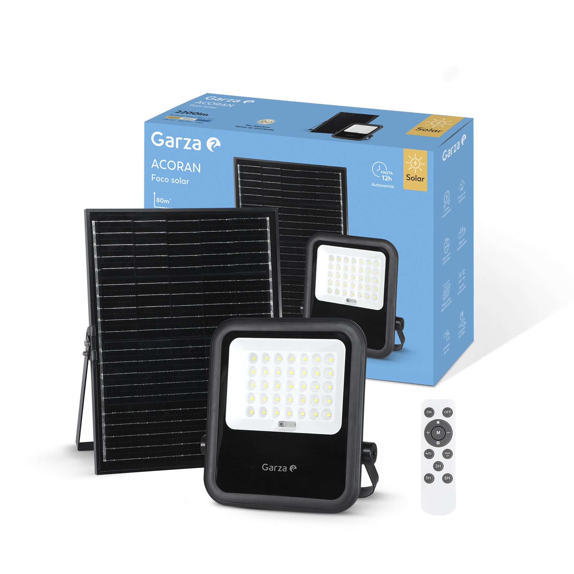 Foco Solar Acoran con Sensor crepuscular con mando 80m2 , 2200 lúmenes, blanco regulable CCT