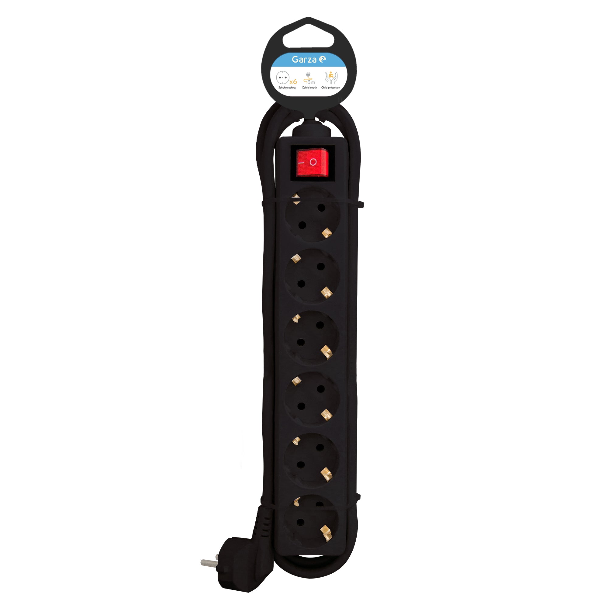 Regleta Basic con interruptor iluminado color negro, 6 tomas, cable de 3 metros, 1ud