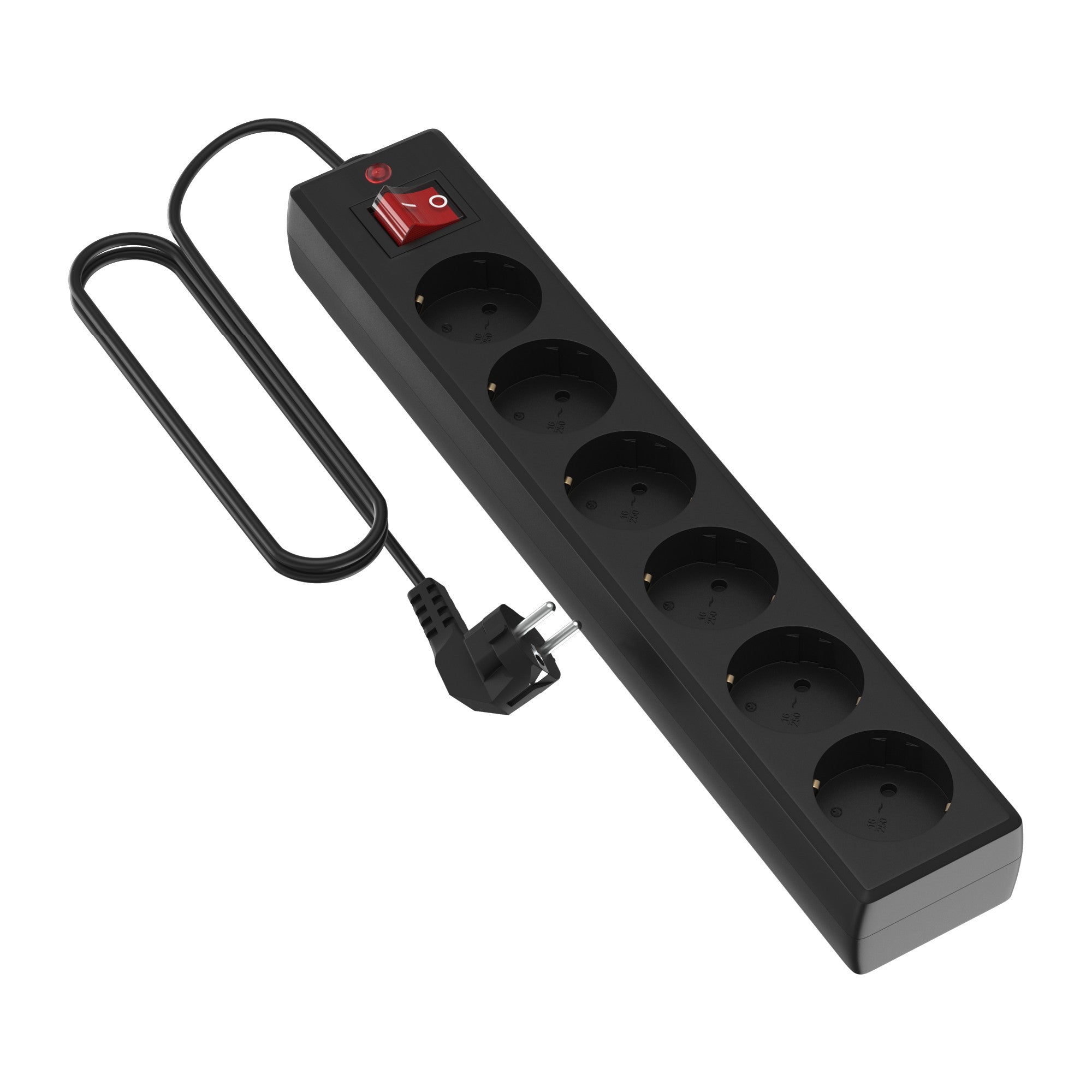 Regleta  Basic con interruptor color negro  para 6 tomas de 1.5 metros de cable, 1 ud