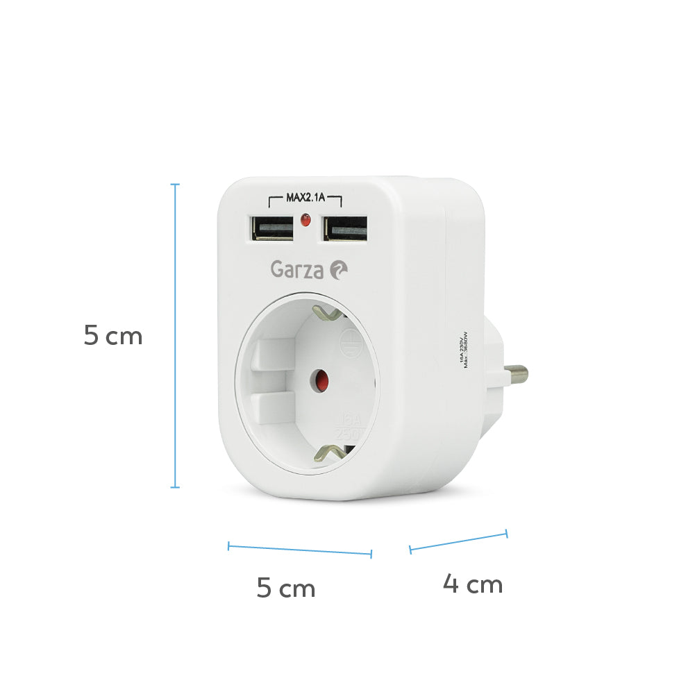 Enchufe adaptador de pared  de 1 toma + 2 USB blanco
