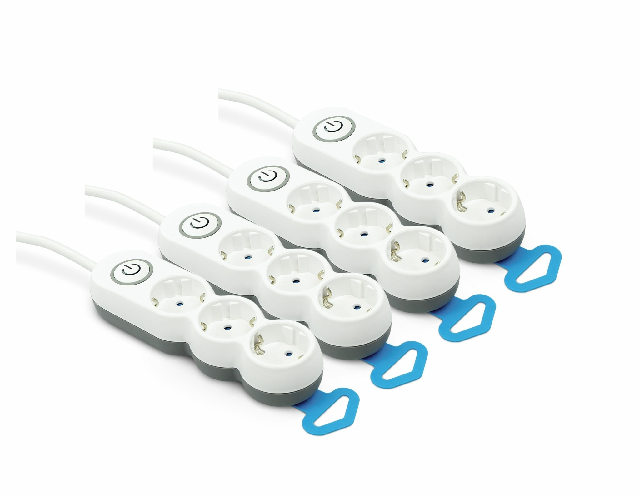 Pack de 4 Bases Múltiples Design con interruptor, enchufe plano, 3 tomas, cable de 1,4 metros, Blanco