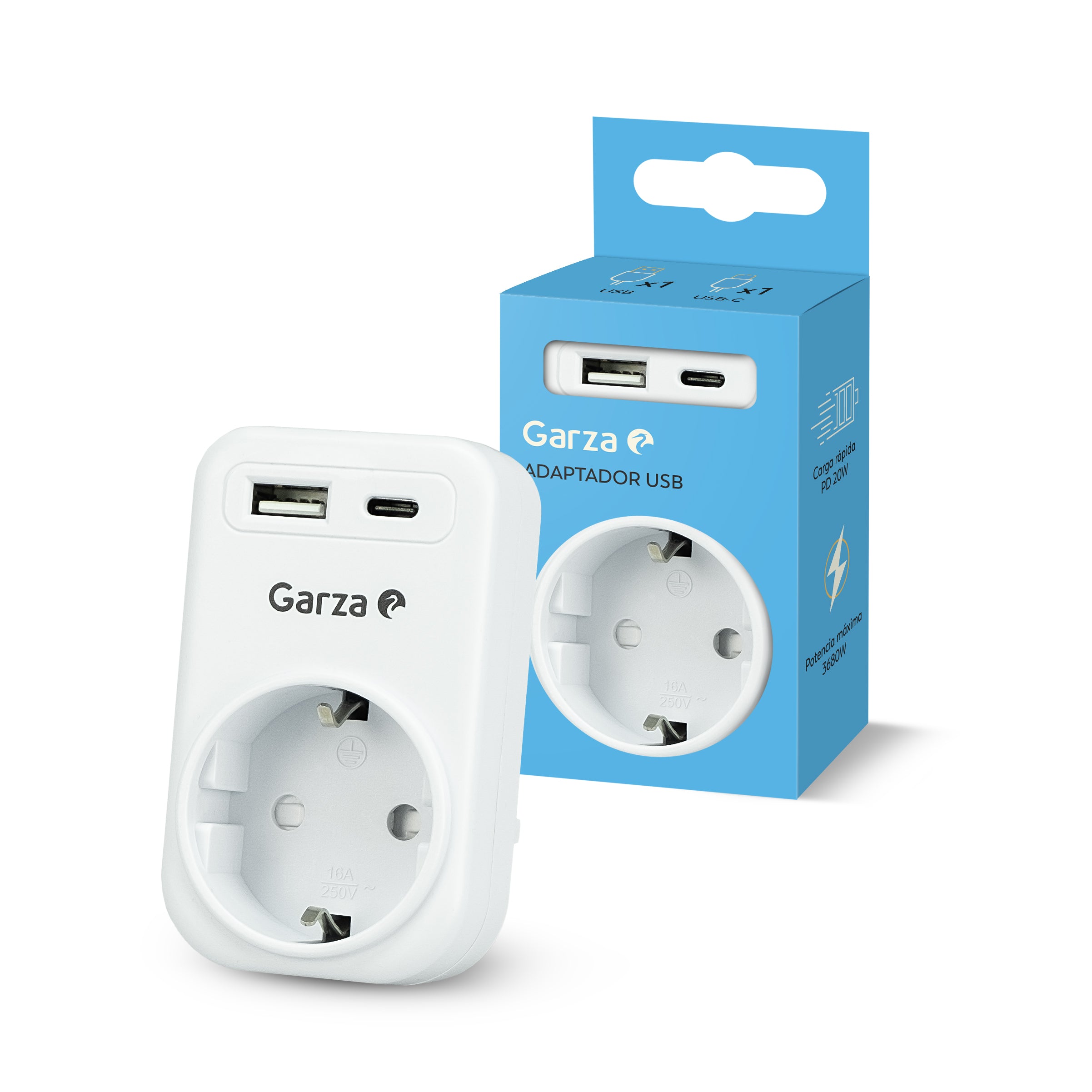 Adaptador con 1 Toma Schuko , 1 USB A y 1 USB C, Blanco