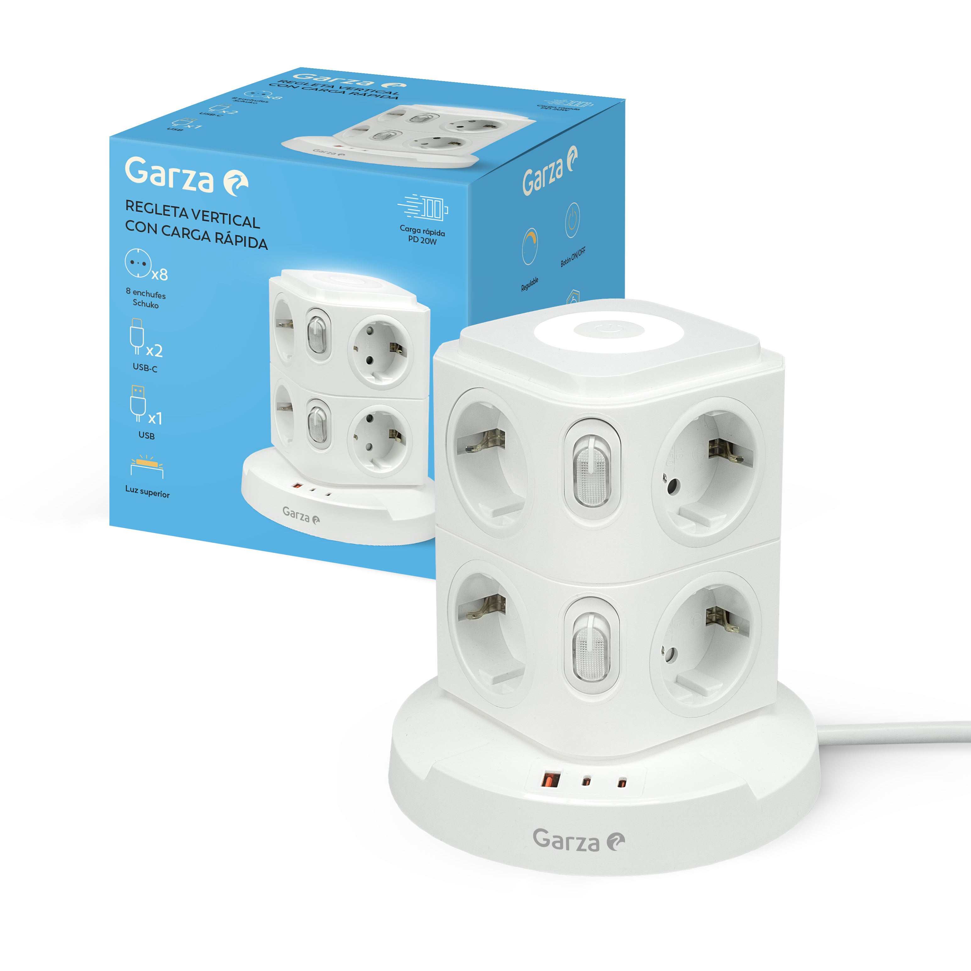 Regleta torre con 8 tomas Schuko, 1 USB-A y 2 USB-C, con carga rápida PD20W, color Blanco
