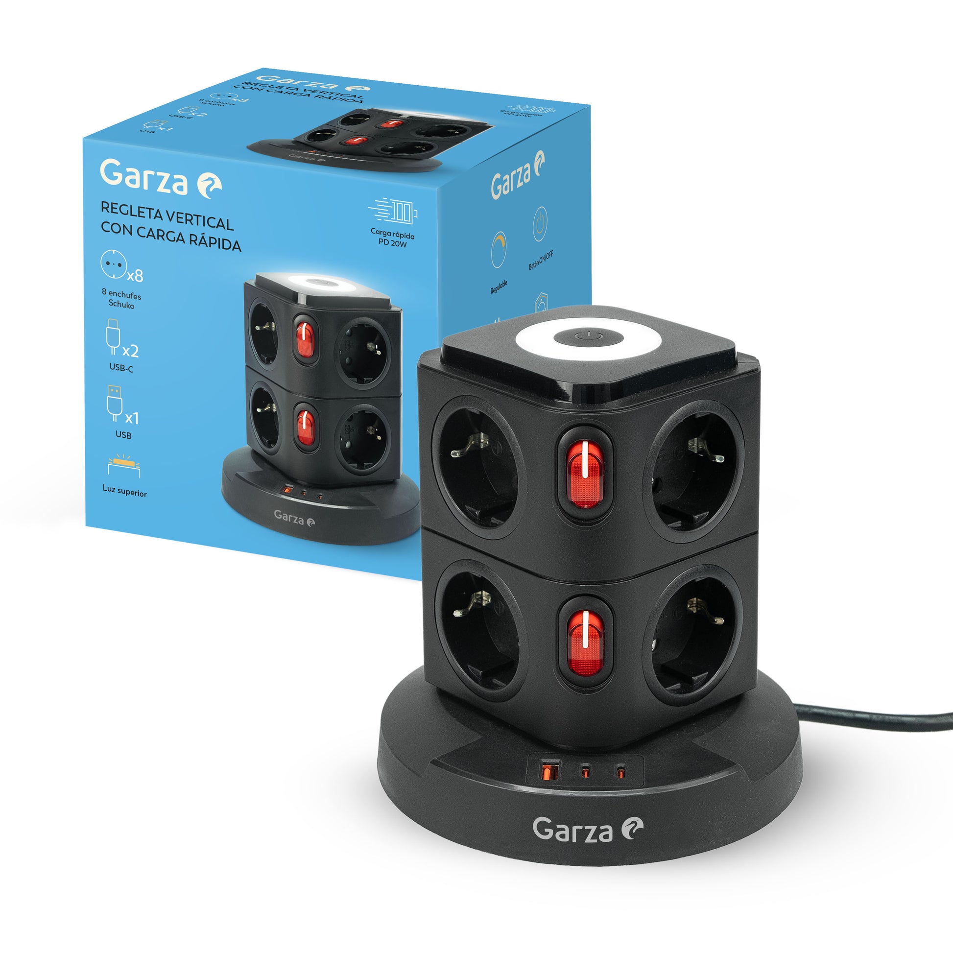 Regleta torre con 8 tomas Schuko, 1 USB-A y 2 USB-C, con carga rápida PD20W, color Negro