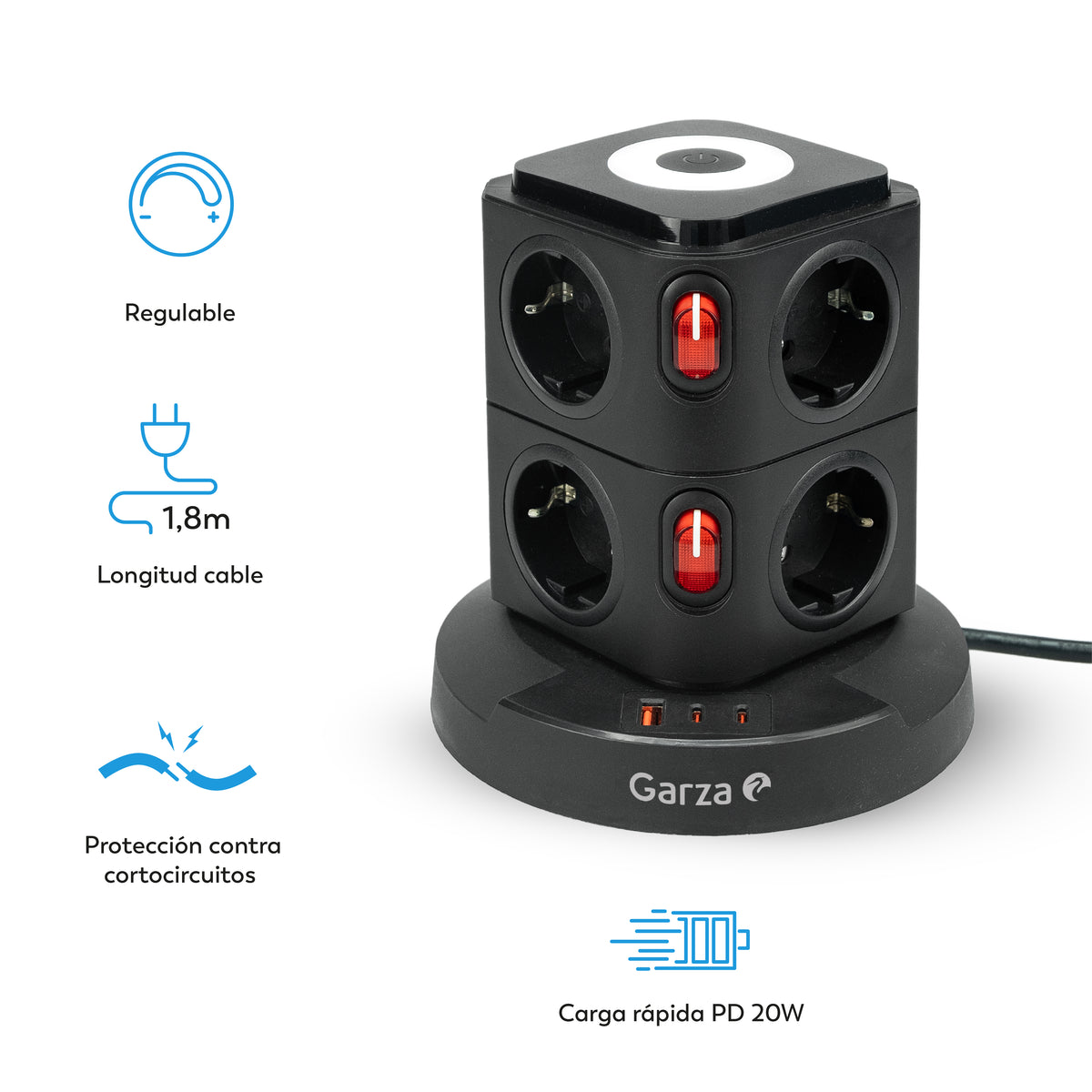 Regleta torre sobremesa con 8 tomas Schuko, 1 USB-A QC3.0 y 2 USB-C carga rápida PD20W (5)