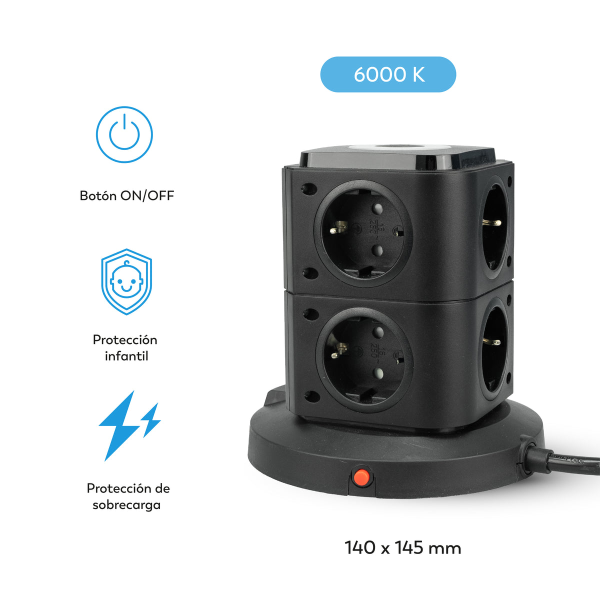 Regleta torre sobremesa con 8 tomas Schuko, 1 USB-A QC3.0 y 2 USB-C carga rápida PD20W (6)