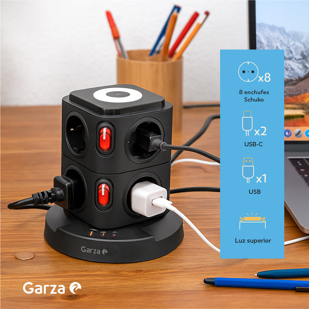 Regleta torre sobremesa con 8 tomas Schuko, 1 USB-A QC3.0 y 2 USB-C carga rápida PD20W (4)