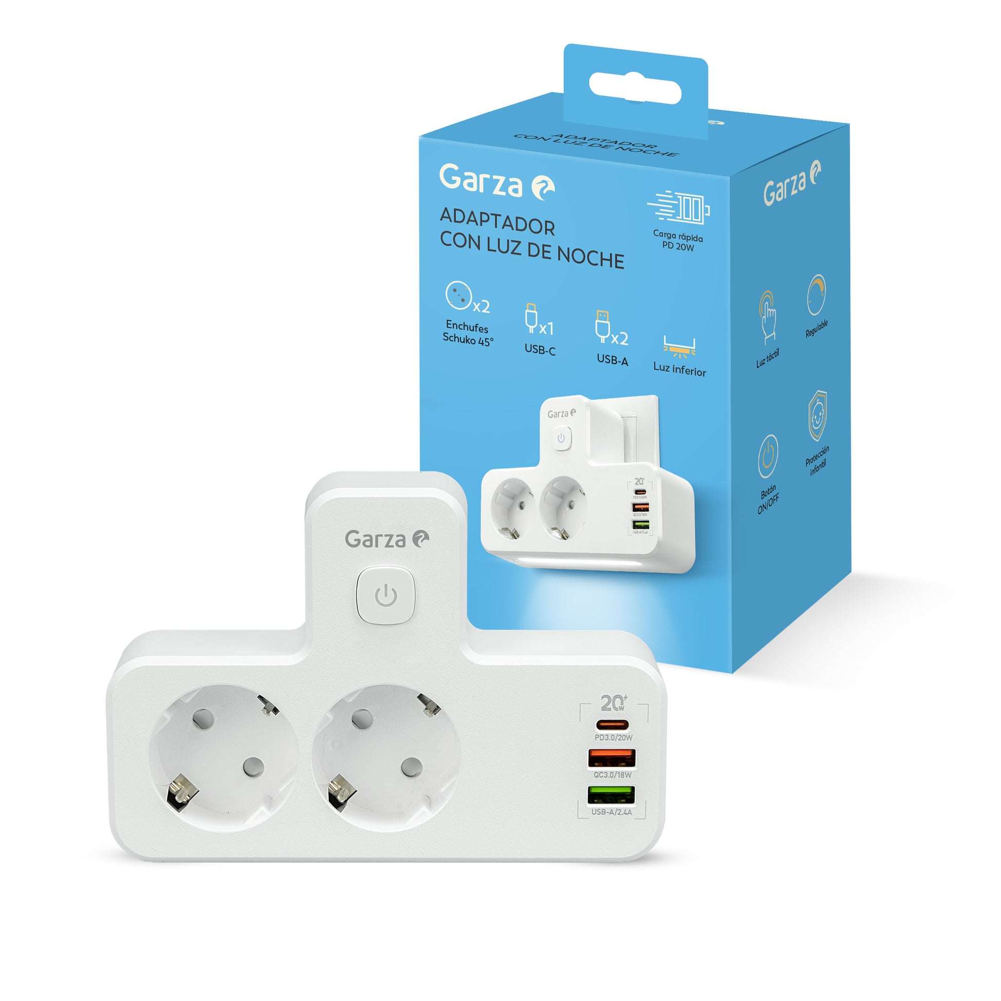 Adaptador de Enchufe Doble Frontal con carga rápida y luz de noche