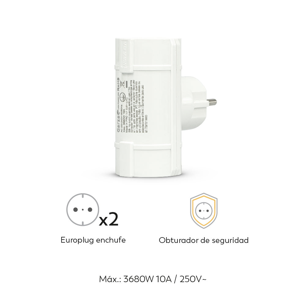 Enchufe de pared  doble lateral con toma de tierra blanco