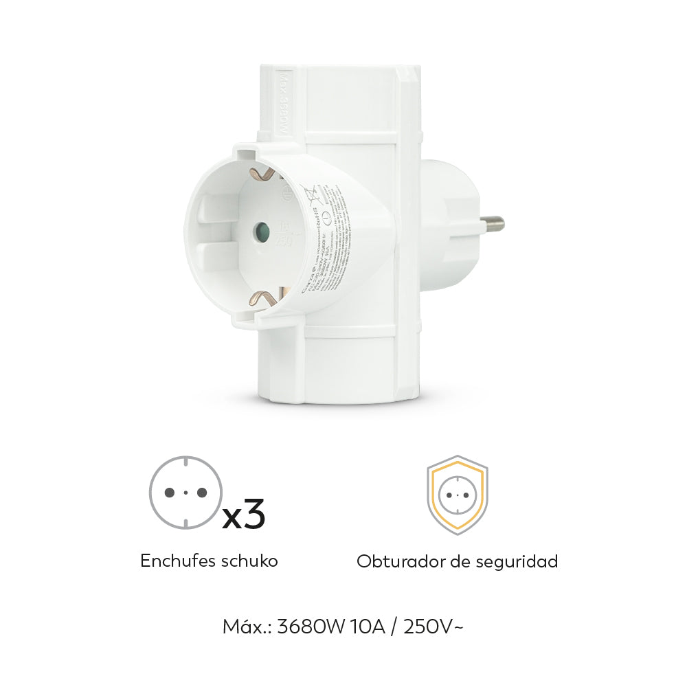 Adaptador de Enchufe Triple con Toma de Tierra, 3 Tomas Shuko, Blanco, Pack x3