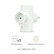 Adaptador de Enchufe Triple con Toma de Tierra, 3 Tomas Shuko, Blanco, Pack x3