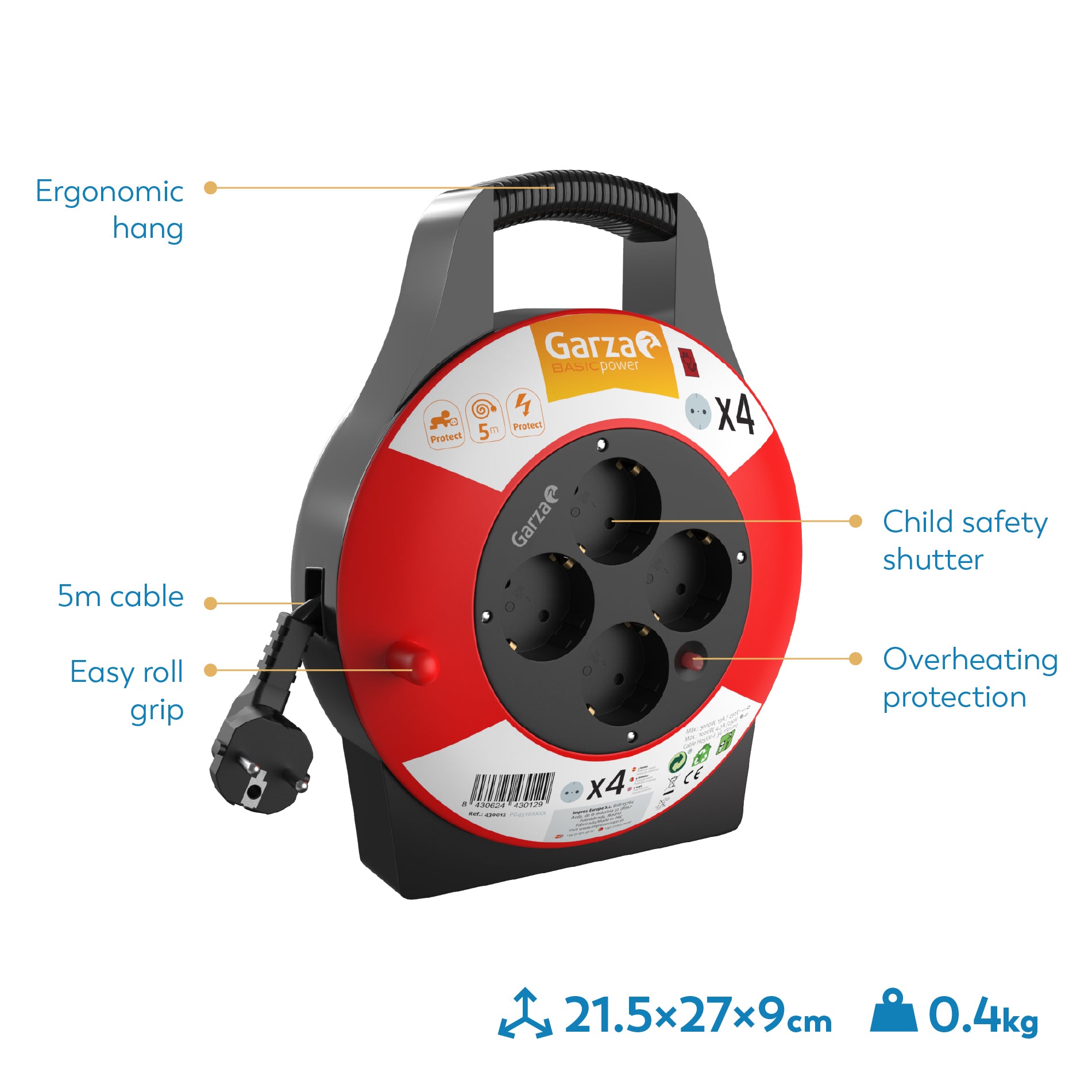 Enrolla Cables doméstico 3G de 4 tomas y 5 metros de cable, color Rojo y Negro