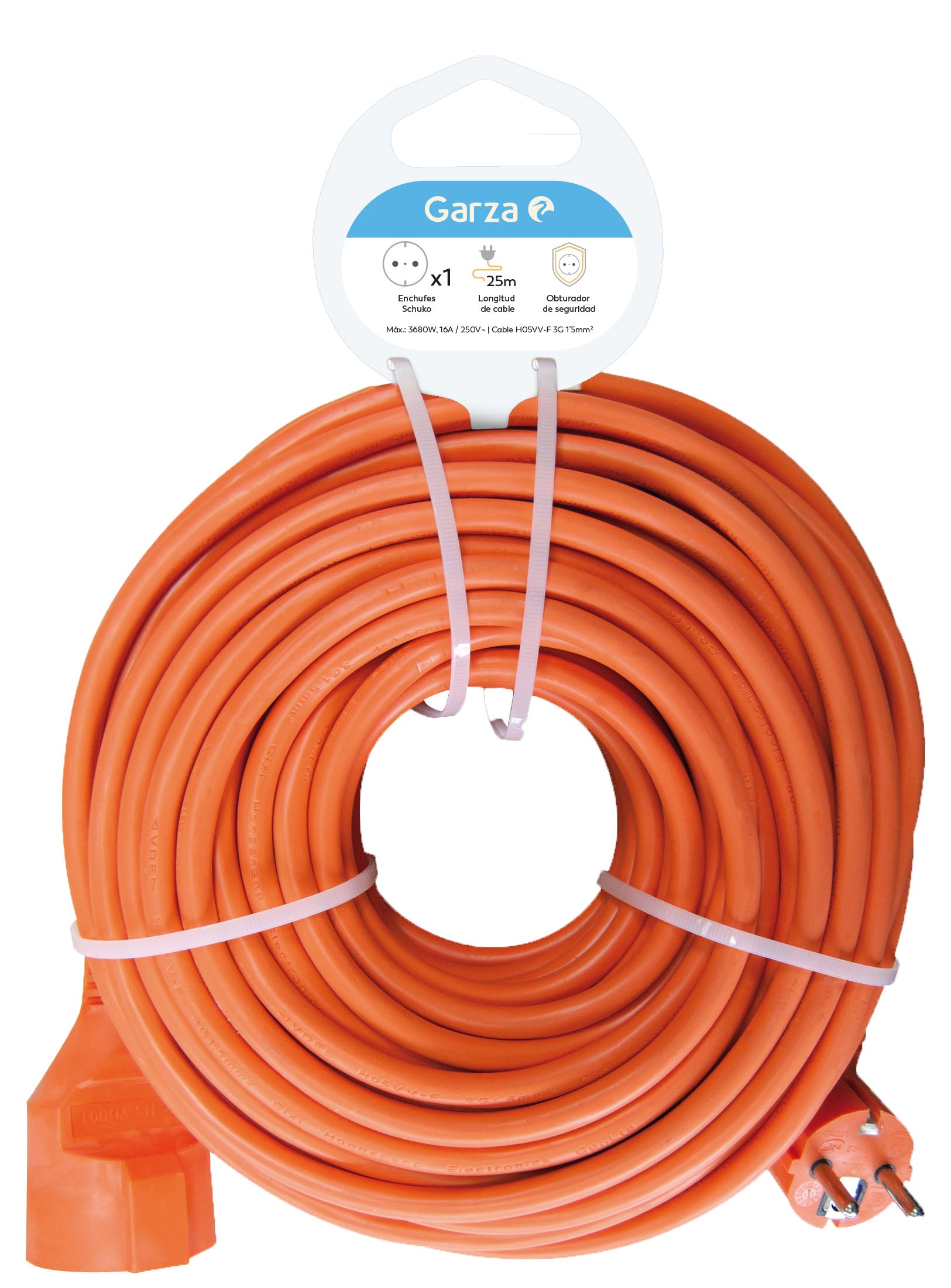 Cable alargador doméstico para exterior 25 metros, con toma de tierra hasta 16 Amperios (3680W), Naranja