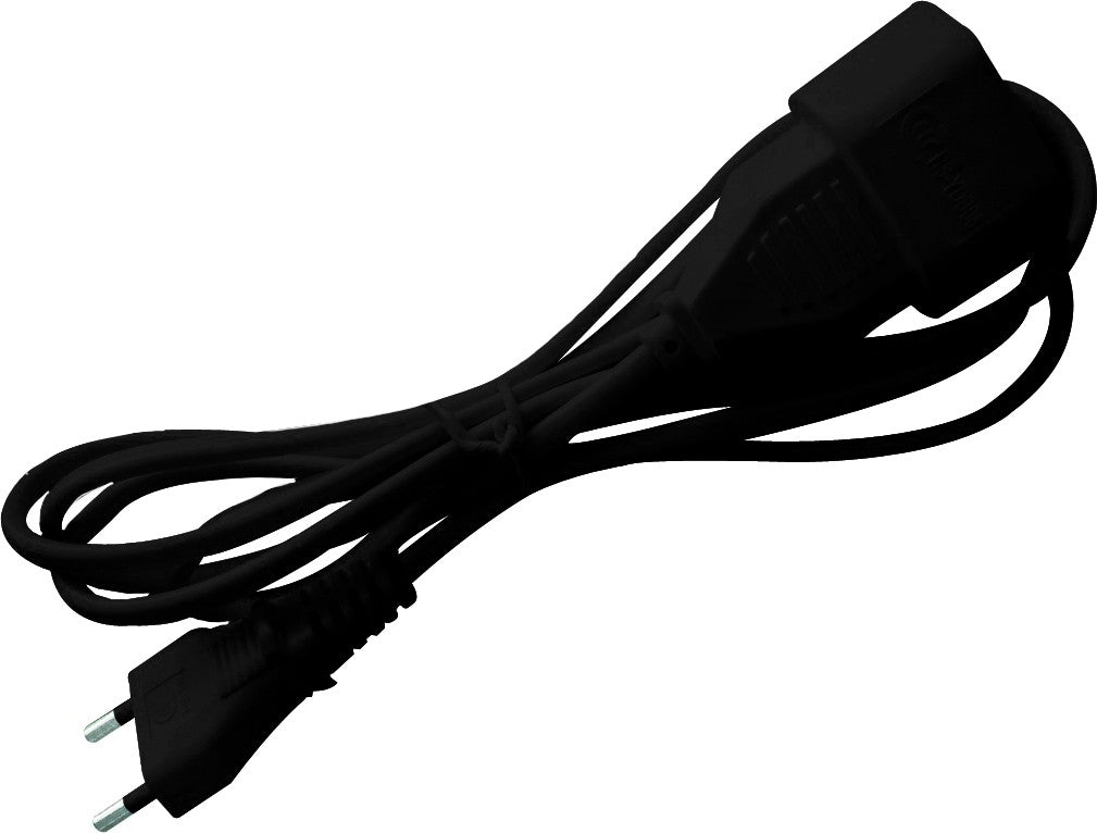 Cable alargador  doméstico 2G sin toma de tierra hasta 10 amperios (2300W) de color Negro y cable de 2 metros, 1 ud.