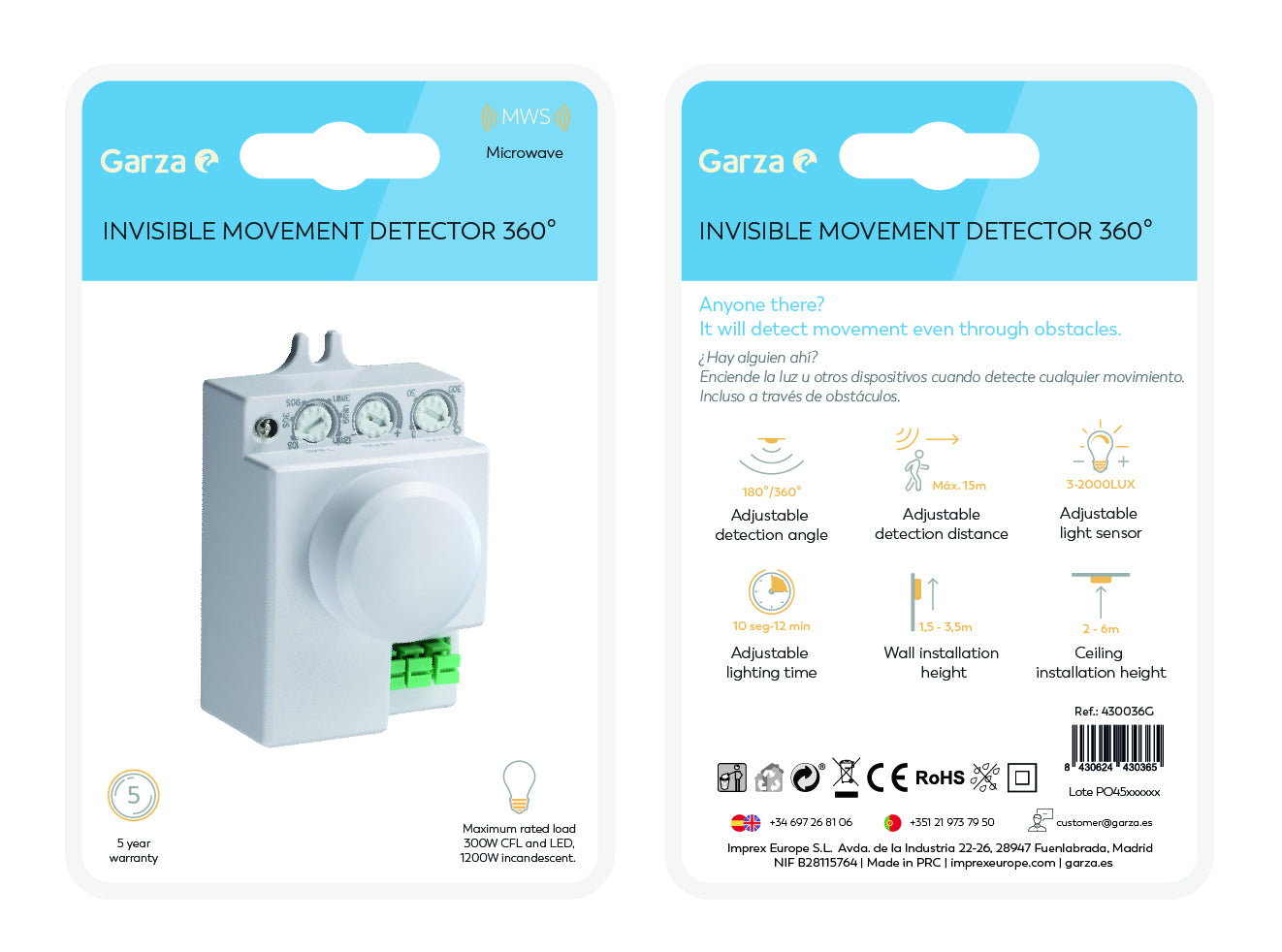 Detector de movimiento microondas  invisible ajustable a 180º | 360º, , 1 ud
