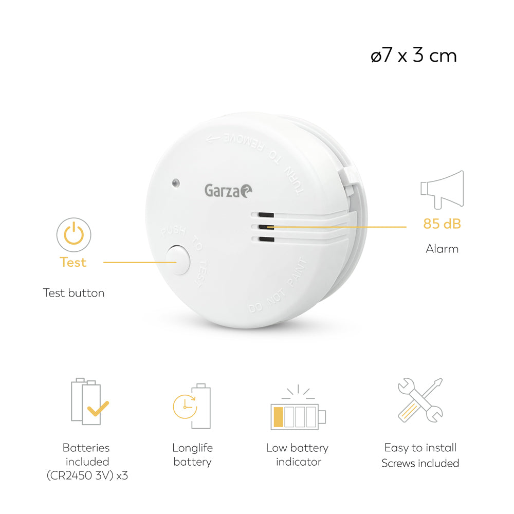 - Pack de 2 unidades Detector de Humo Mini con Sensor Fotoeléctrico y con Alarma de 85 dB, Blanco, Mini