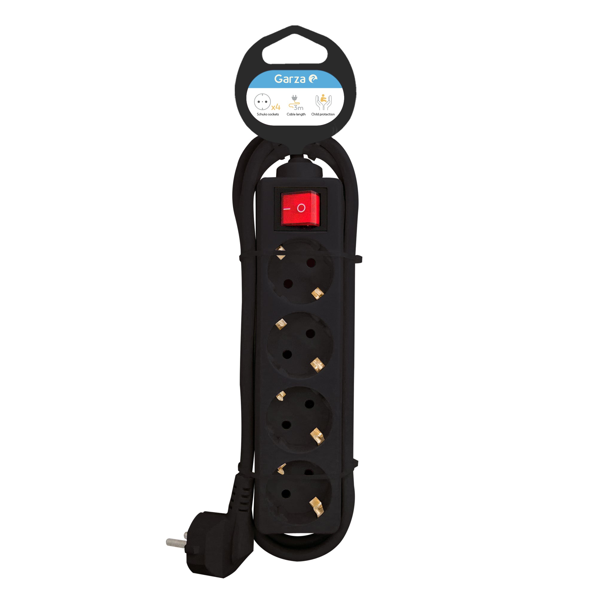 Regleta Basic con interruptor iluminado color negro, 4 tomas, cable de 3 metros, 1ud