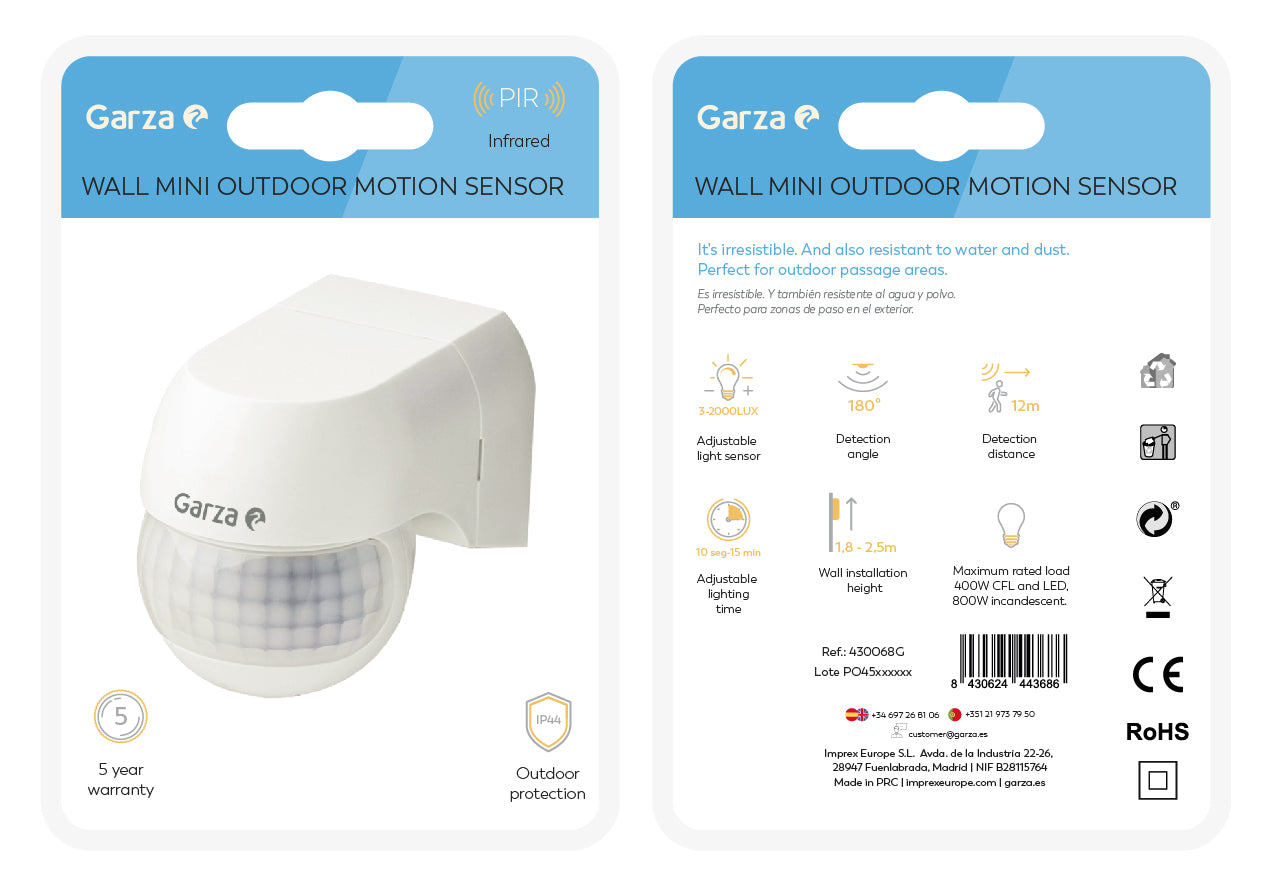 Detector de movimiento infrarrojos de exterior Mini 180º, Blanco