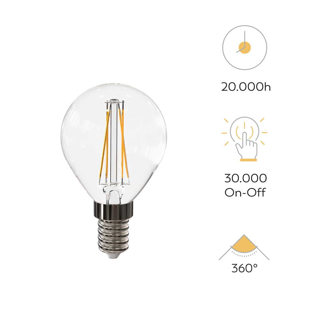 Bombilla LED Filamento Esférica Clear E14 3,4W 470 lúmenes, 5000K