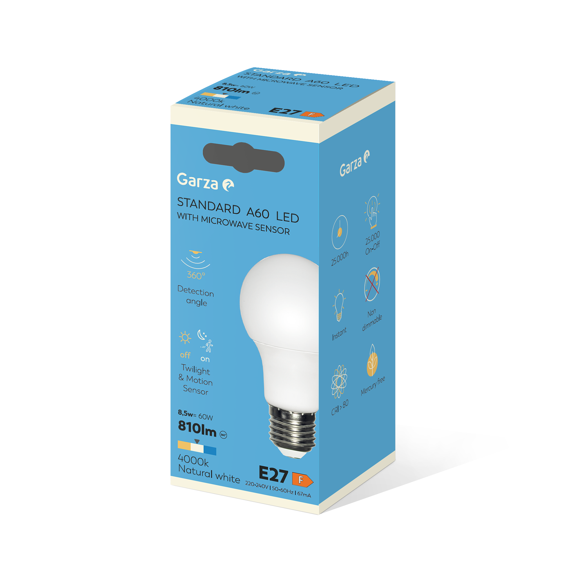 Bombilla LED Estándar A60 con Sensor de Movimiento, Casquillo E27, Luz neutra (4000k), 8,5W, 810 Lúmenes, Ángulo de luz 240º, CRI 80.